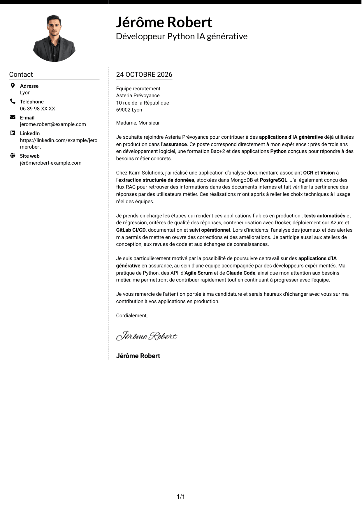 Lettre de motivation Moderne (format à deux colonnes avec photo à gauche et séparateur) : Développeur Python Junior - IA générative, page 1