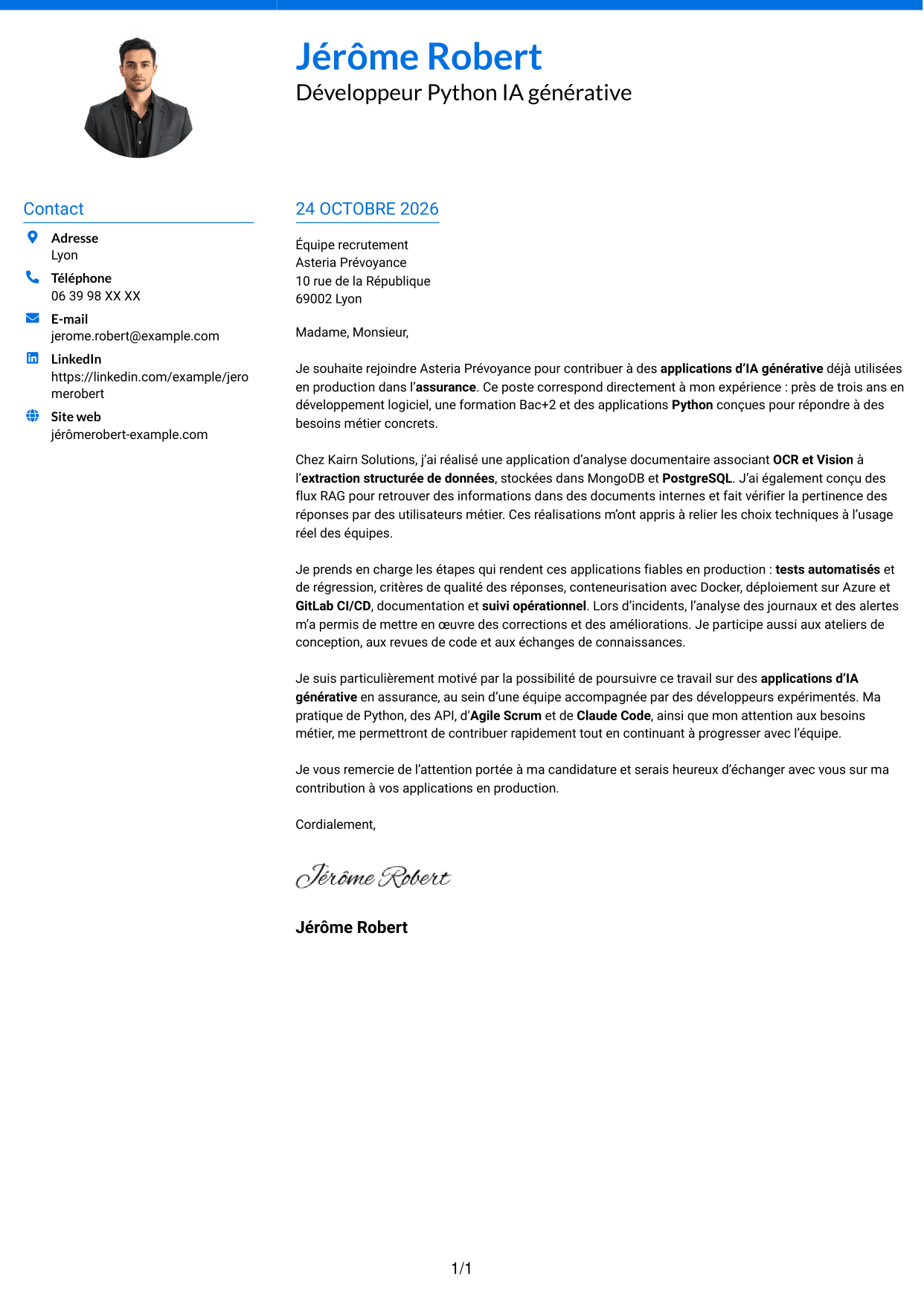 Lettre de motivation Audacieux (format à deux colonnes avec accents colorés et photo) : Développeur Python Junior - IA générative, page 1