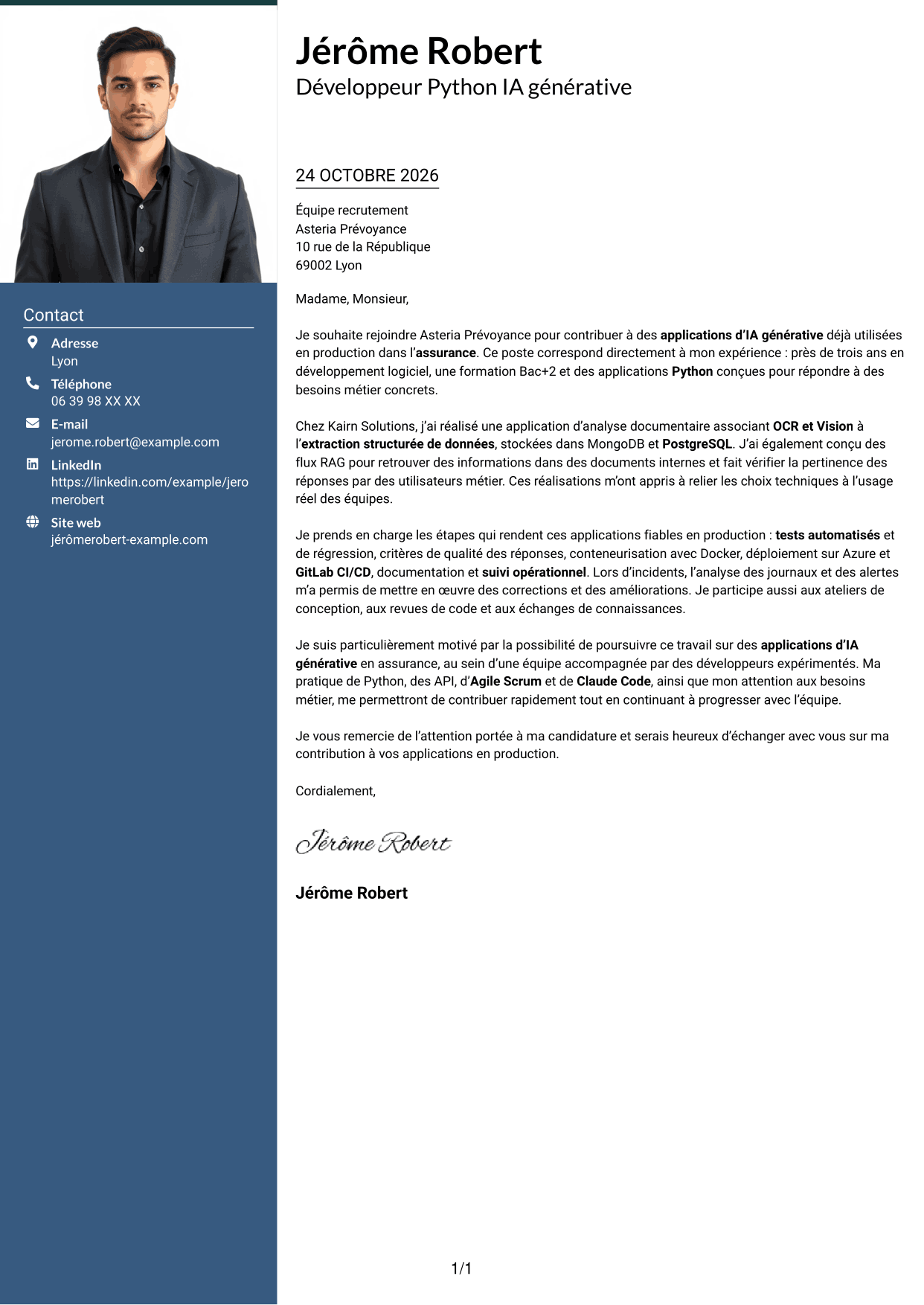 Lettre de motivation Signature (format à colonne latérale colorée avec grande photo) : Développeur Python Junior - IA générative, page 1