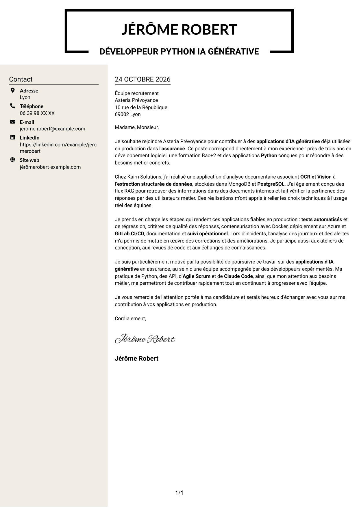 Lettre de motivation Fonceur (format à deux colonnes avec en-tête centré sans photo) : Développeur Python Junior - IA générative, page 1