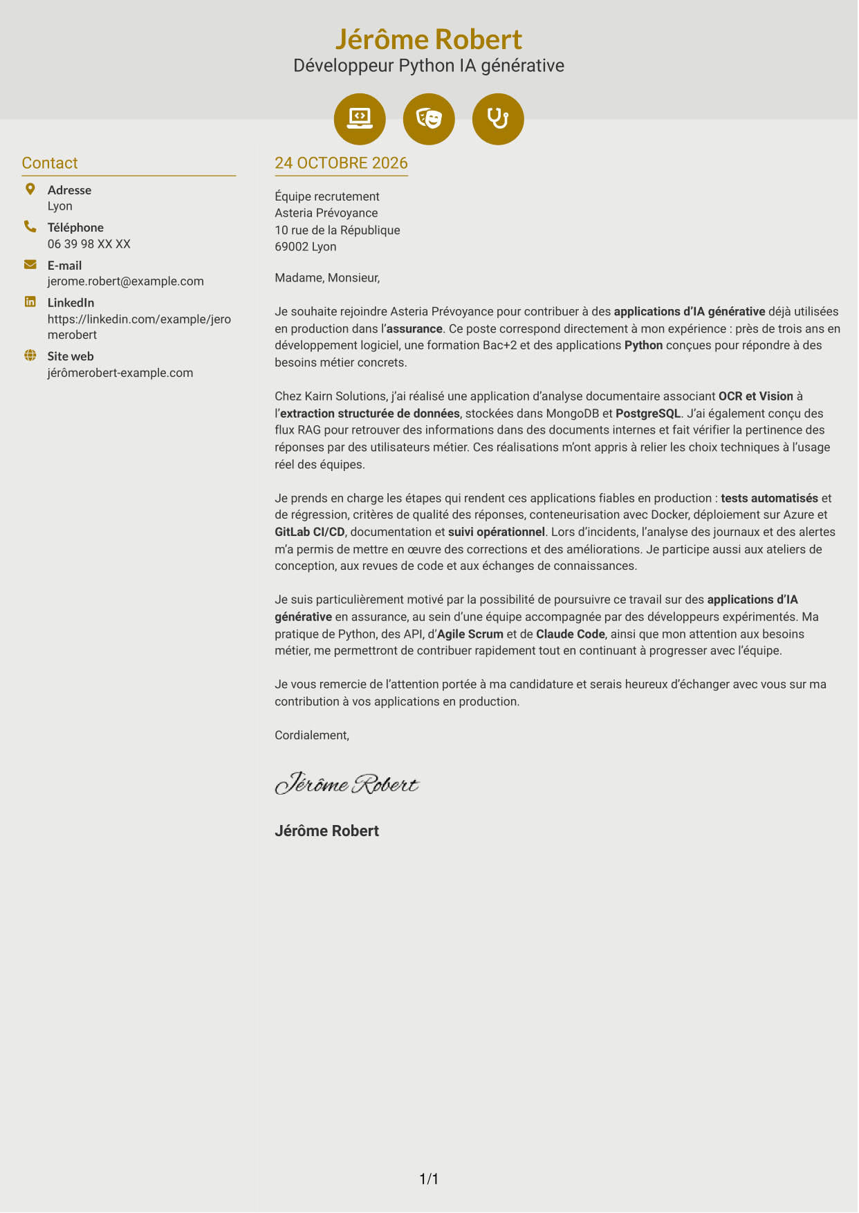 Lettre de motivation Dynamique (format à deux colonnes avec icônes) : Développeur Python Junior - IA générative, page 1