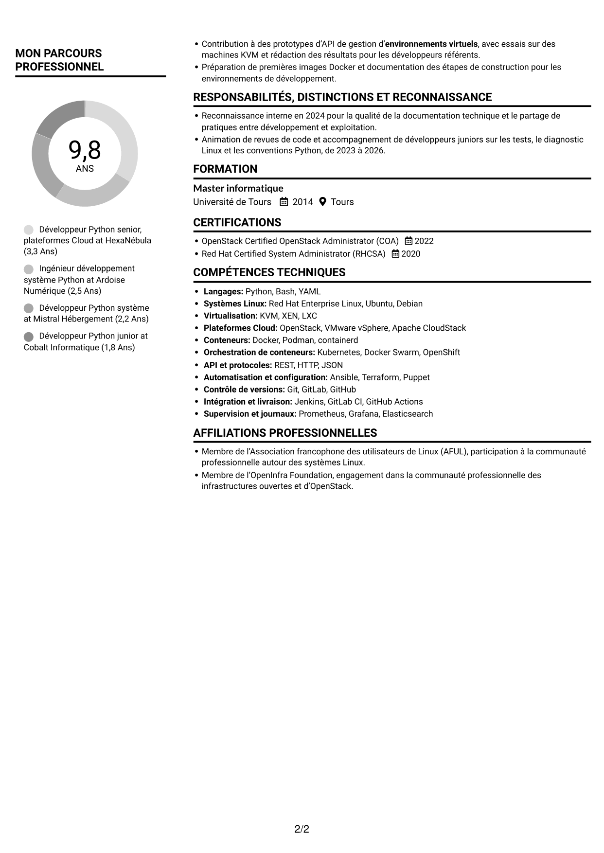 CV Compact (format sobre à deux colonnes avec photo) : Développeur Python Senior - Cloud et virtualisation, page 2