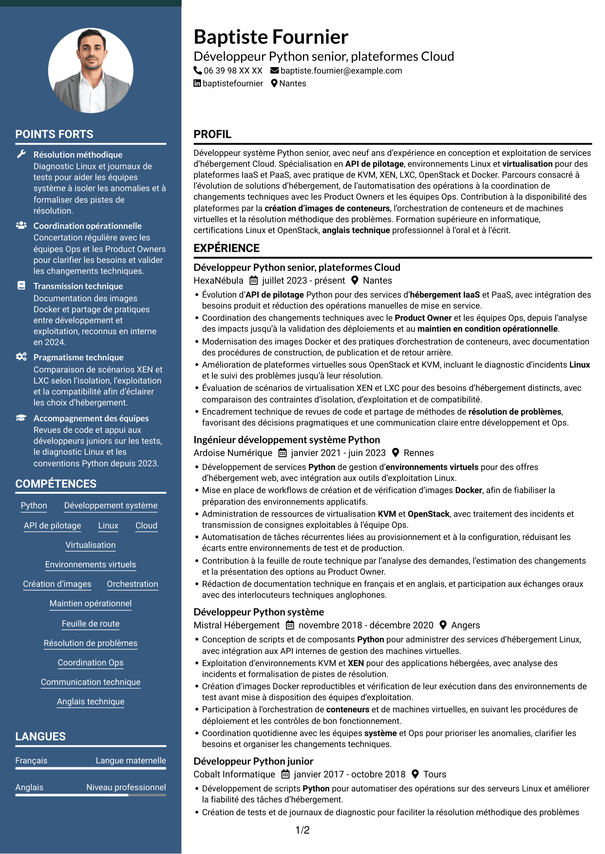CV Élégant (format à colonne latérale colorée avec photo) : Développeur Python Senior - Cloud et virtualisation, page 1