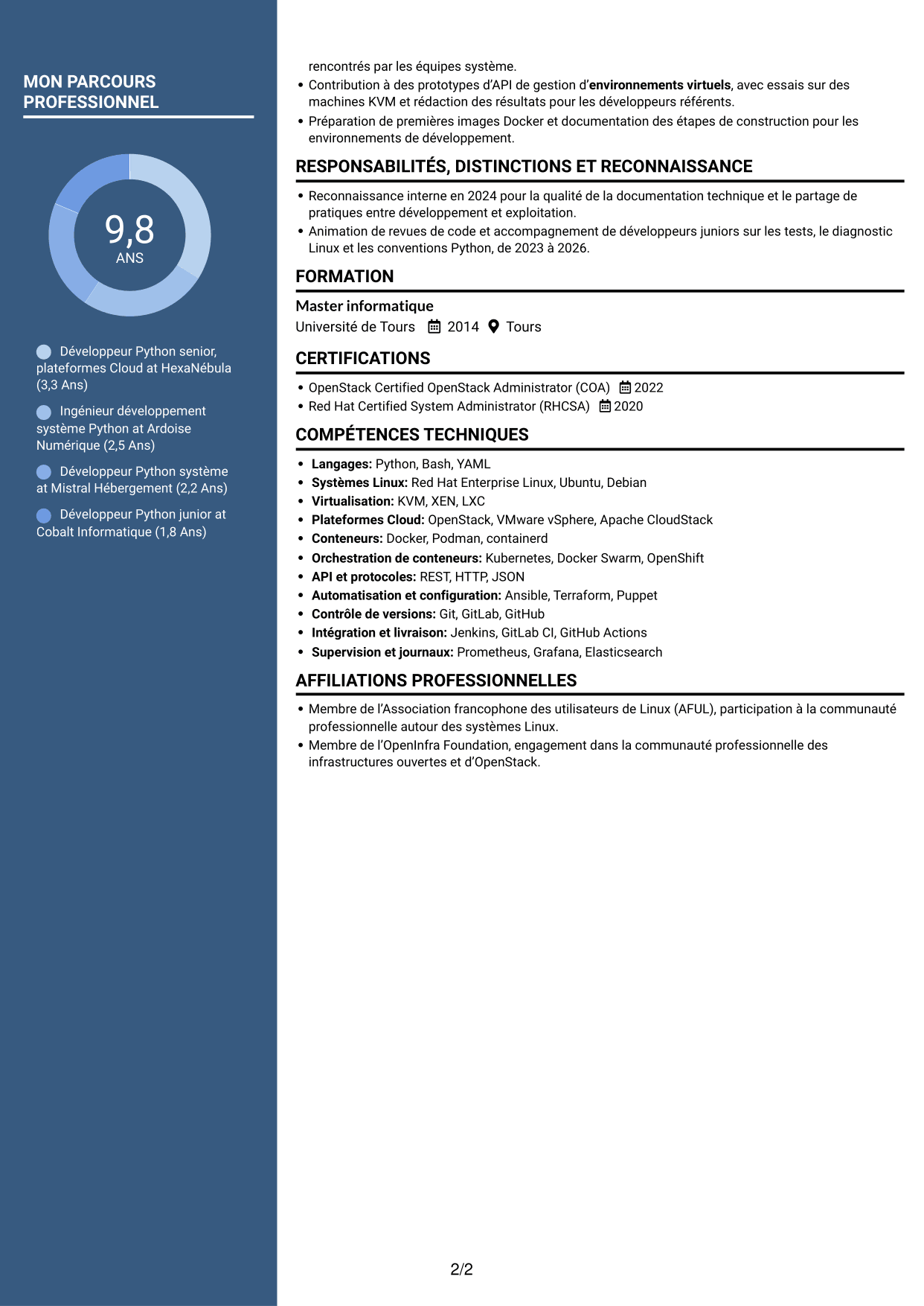 CV Élégant (format à colonne latérale colorée avec photo) : Développeur Python Senior - Cloud et virtualisation, page 2
