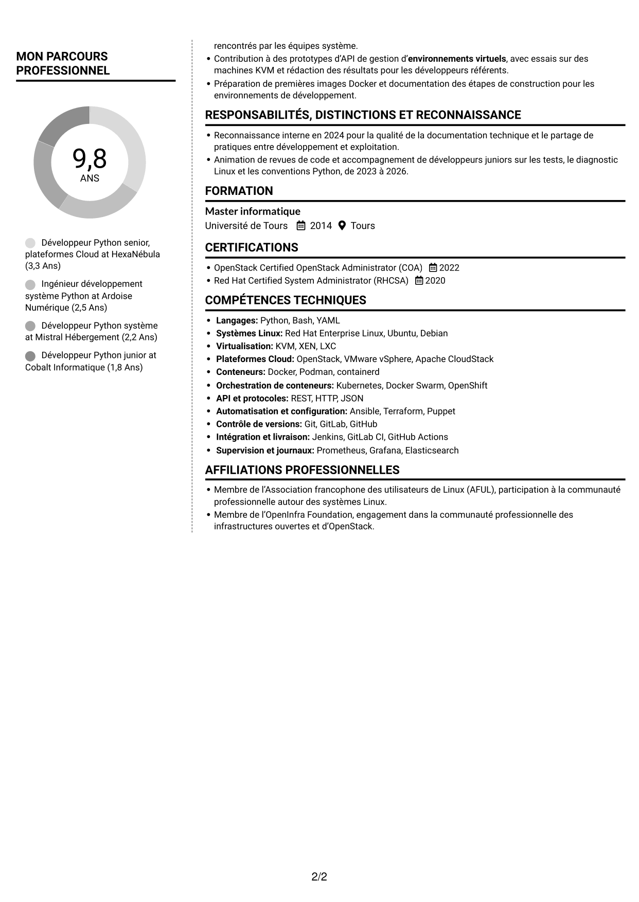 CV Moderne (format à deux colonnes avec photo à gauche et séparateur) : Développeur Python Senior - Cloud et virtualisation, page 2