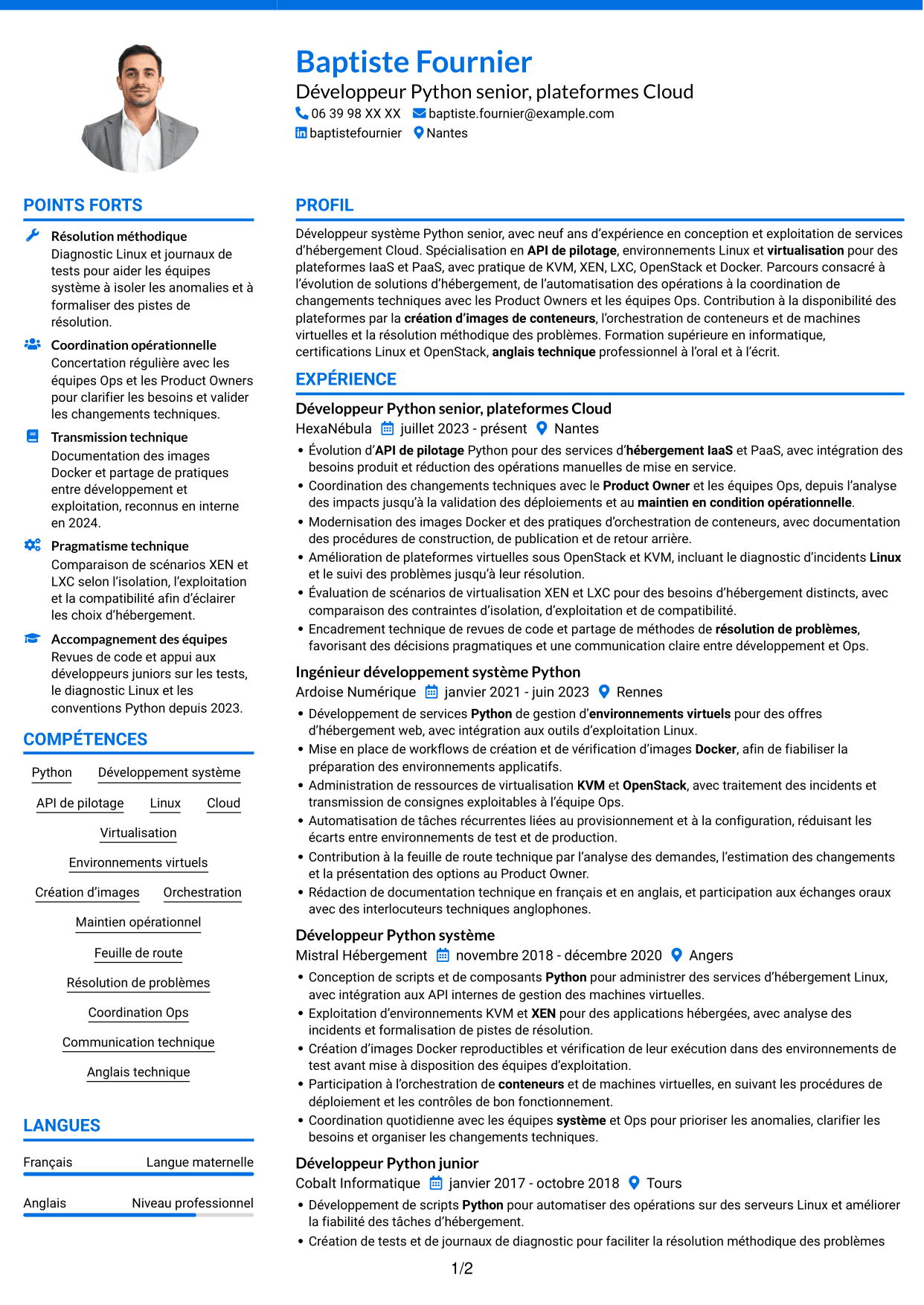 CV Audacieux (format à deux colonnes avec accents colorés et photo) : Développeur Python Senior - Cloud et virtualisation, page 1