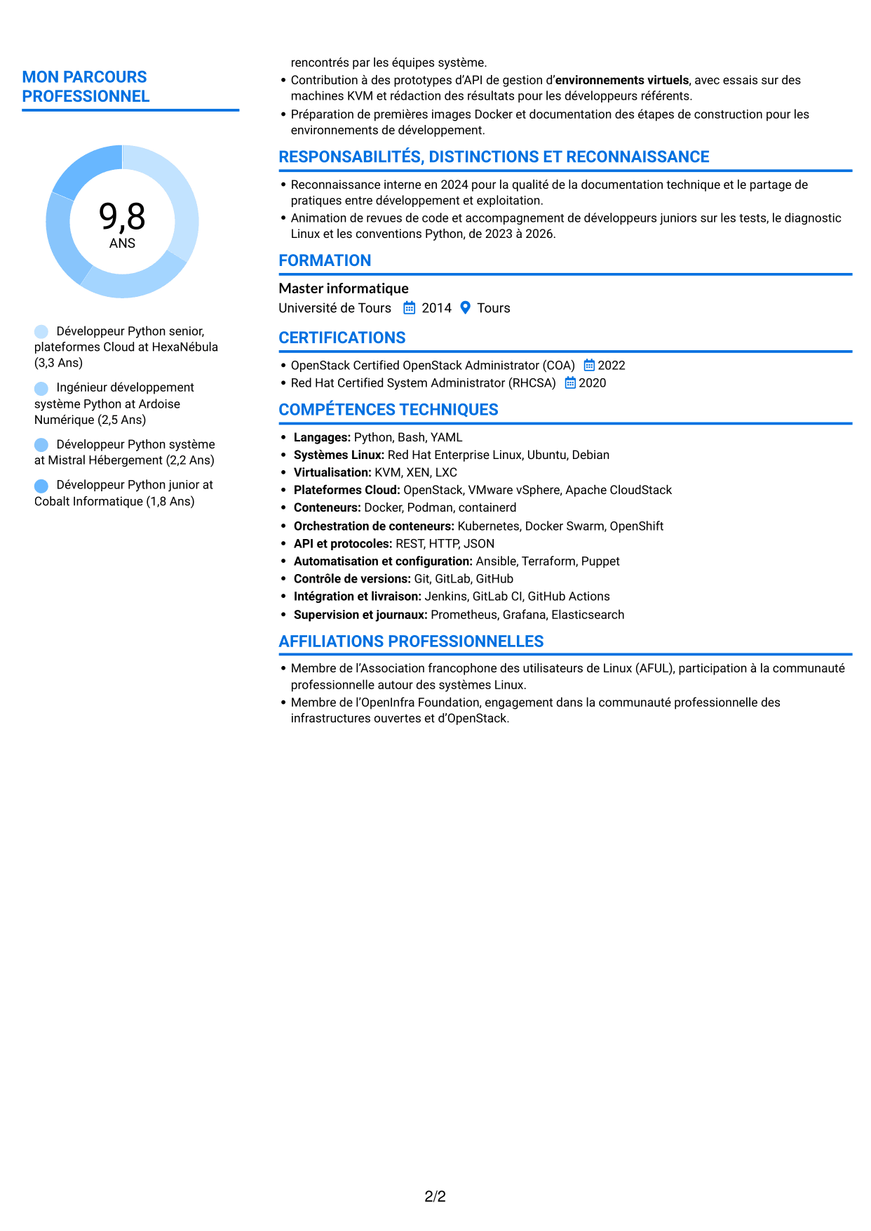 CV Audacieux (format à deux colonnes avec accents colorés et photo) : Développeur Python Senior - Cloud et virtualisation, page 2