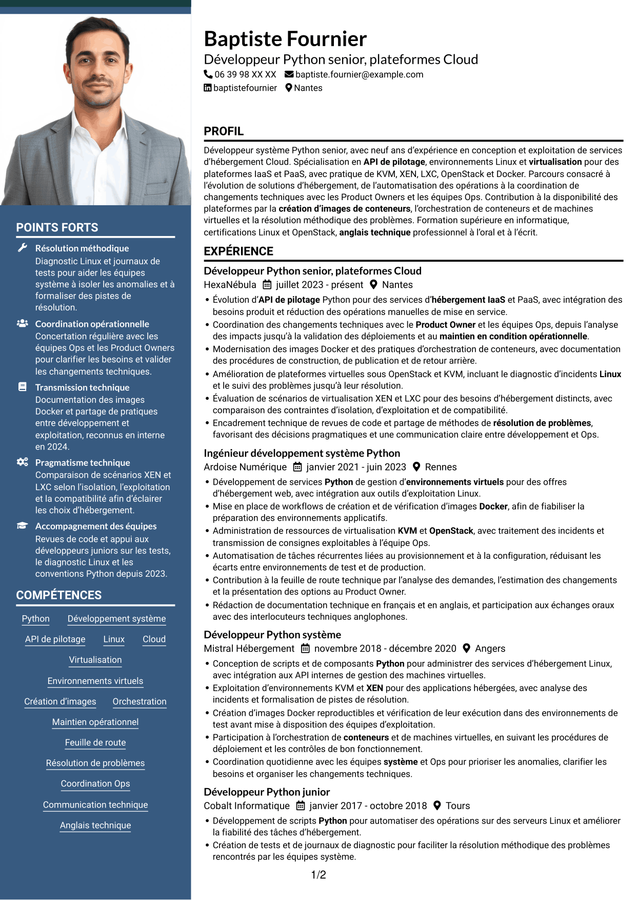 CV Signature (format à colonne latérale colorée avec grande photo) : Développeur Python Senior - Cloud et virtualisation, page 1