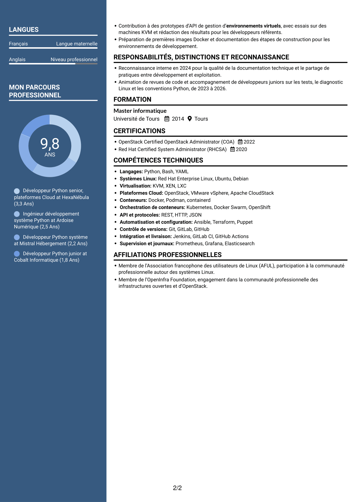 CV Signature (format à colonne latérale colorée avec grande photo) : Développeur Python Senior - Cloud et virtualisation, page 2