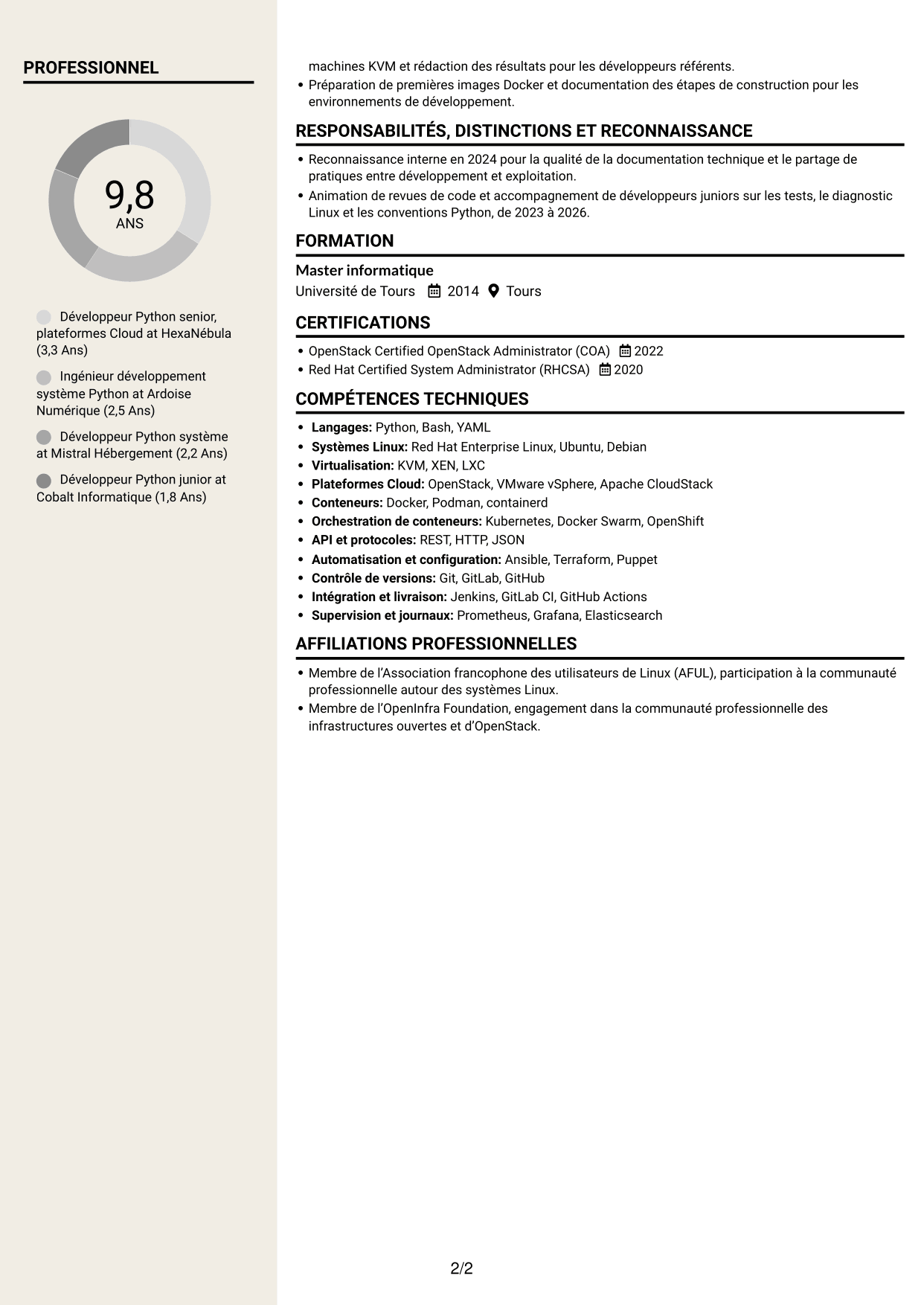 CV Fonceur (format à deux colonnes avec en-tête centré sans photo) : Développeur Python Senior - Cloud et virtualisation, page 2