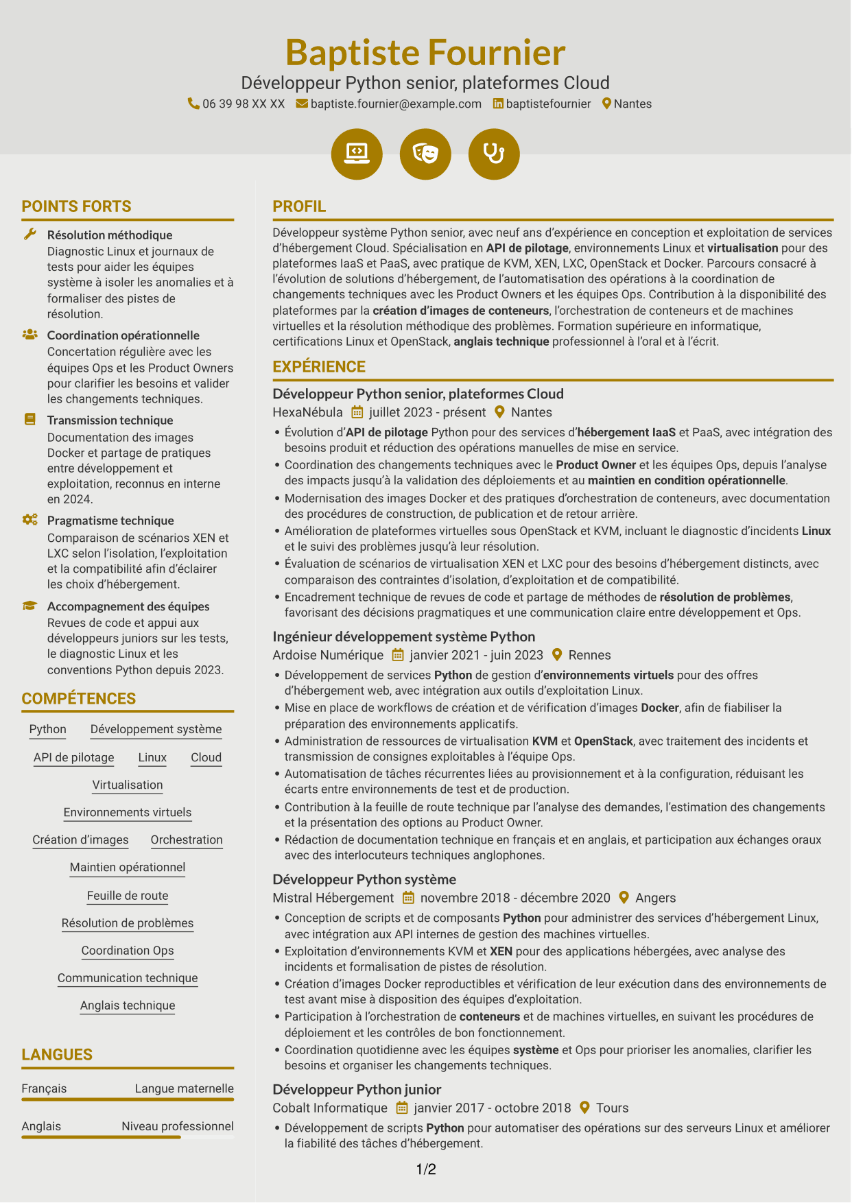 CV Dynamique (format à deux colonnes avec icônes) : Développeur Python Senior - Cloud et virtualisation, page 1