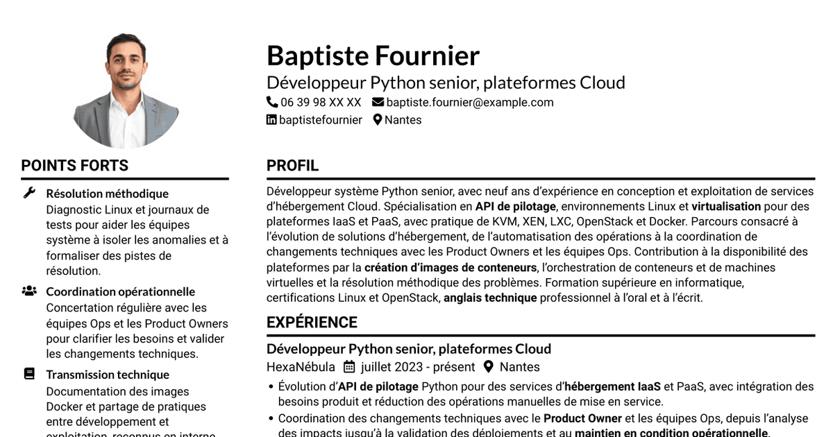 7 modèles de CV pour Développeur Python Senior - Cloud et virtualisation, avec exemples