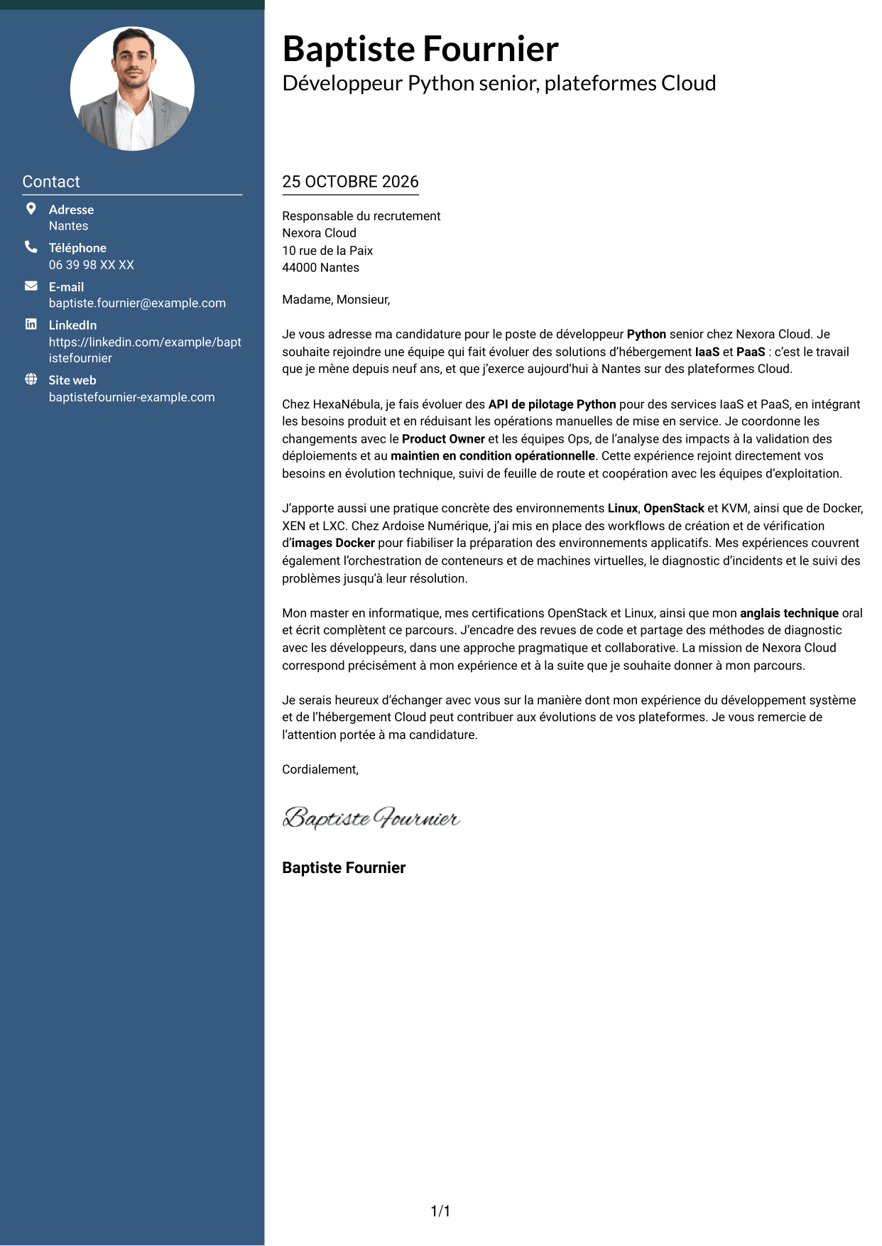 Lettre de motivation Élégant (format à colonne latérale colorée avec photo) : Développeur Python Senior - Cloud et virtualisation, page 1