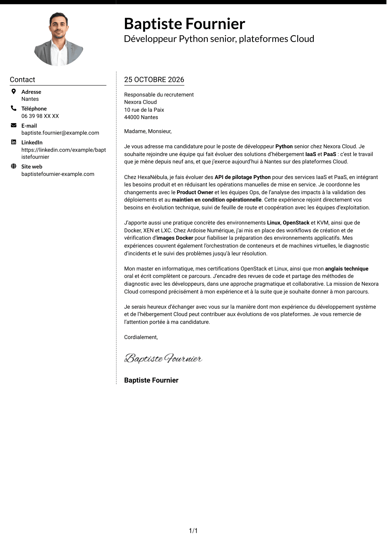 Lettre de motivation Moderne (format à deux colonnes avec photo à gauche et séparateur) : Développeur Python Senior - Cloud et virtualisation, page 1