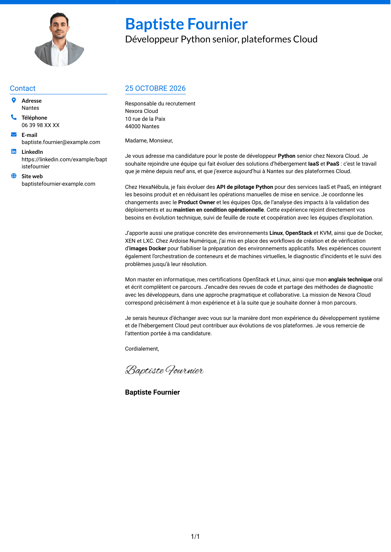 Lettre de motivation Audacieux (format à deux colonnes avec accents colorés et photo) : Développeur Python Senior - Cloud et virtualisation, page 1