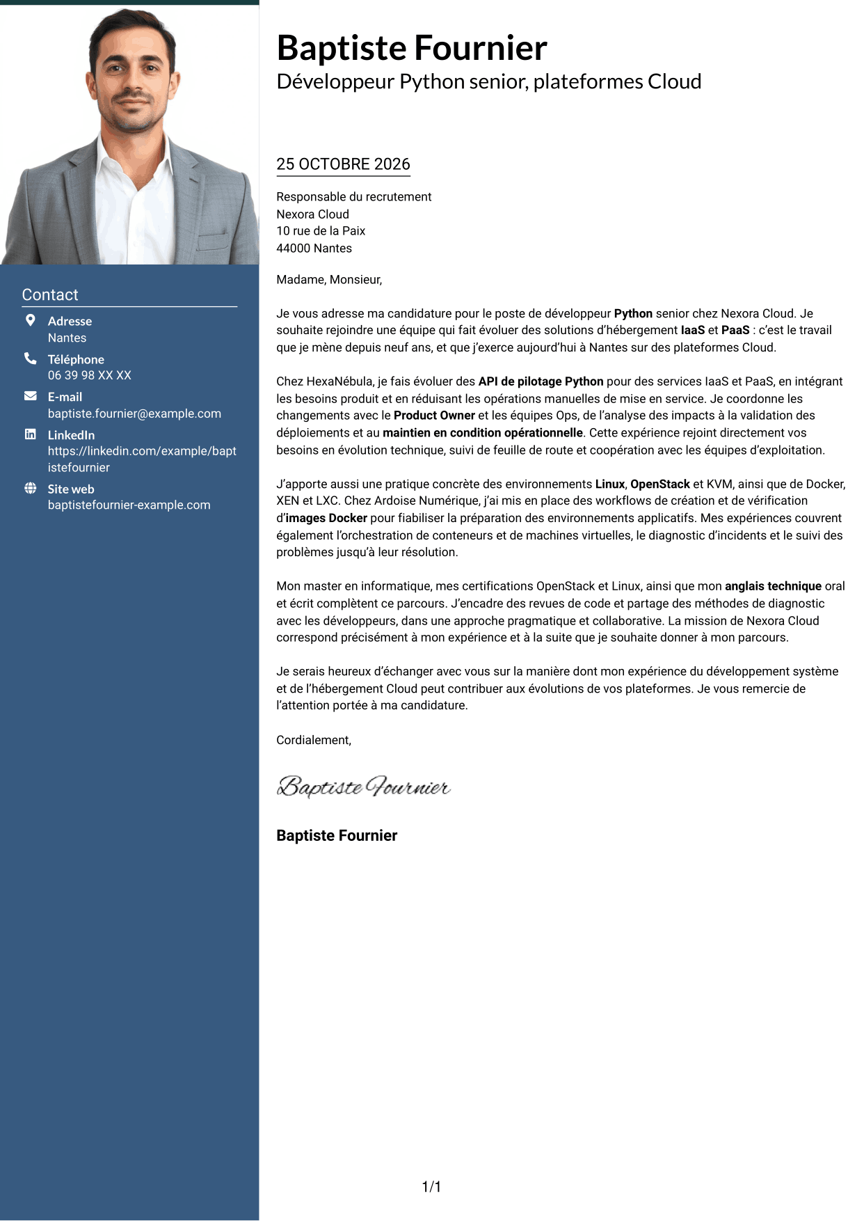 Lettre de motivation Signature (format à colonne latérale colorée avec grande photo) : Développeur Python Senior - Cloud et virtualisation, page 1
