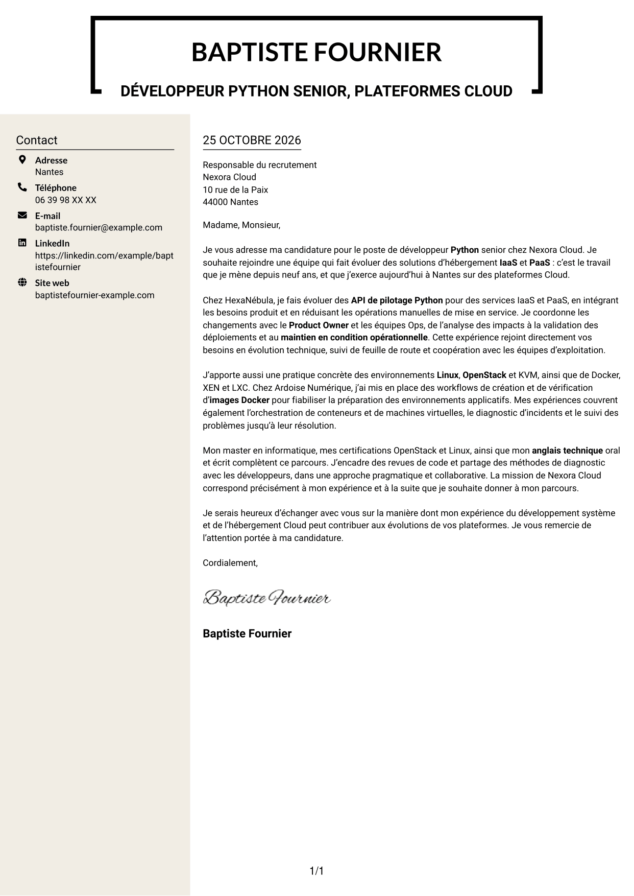 Lettre de motivation Fonceur (format à deux colonnes avec en-tête centré sans photo) : Développeur Python Senior - Cloud et virtualisation, page 1