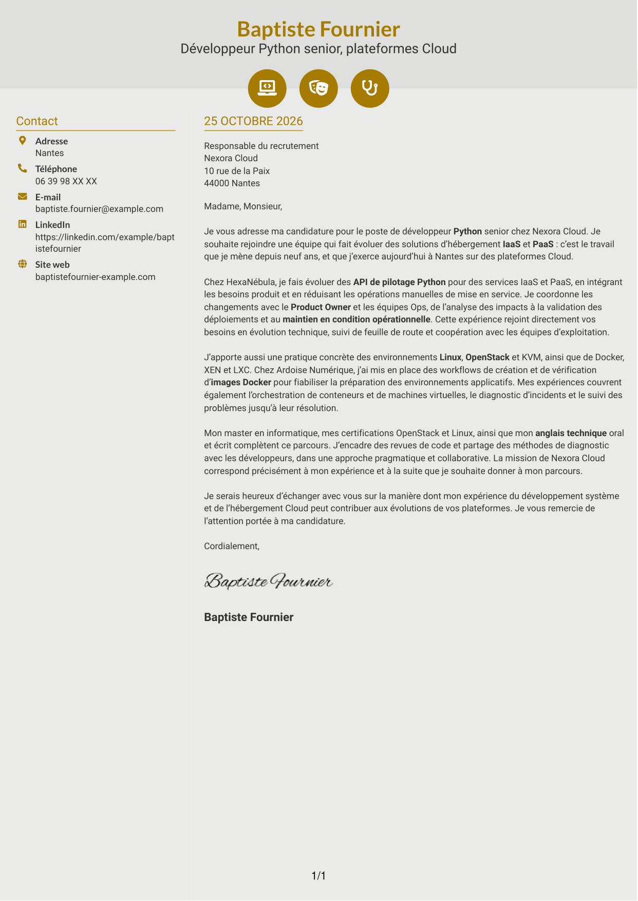 Lettre de motivation Dynamique (format à deux colonnes avec icônes) : Développeur Python Senior - Cloud et virtualisation, page 1