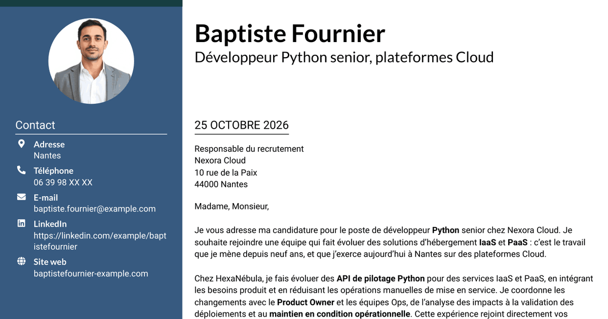 7 modèles de lettre de motivation pour Développeur Python Senior - Cloud et virtualisation, avec exemples