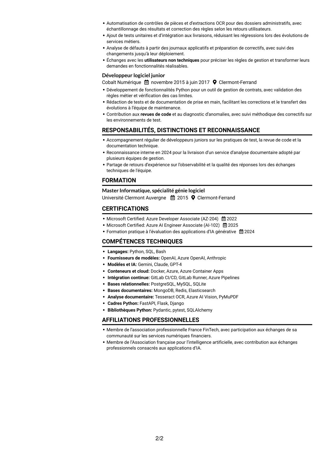 CV Compact (format sobre à deux colonnes avec photo) : Développeur Python Senior - IA générative, page 2