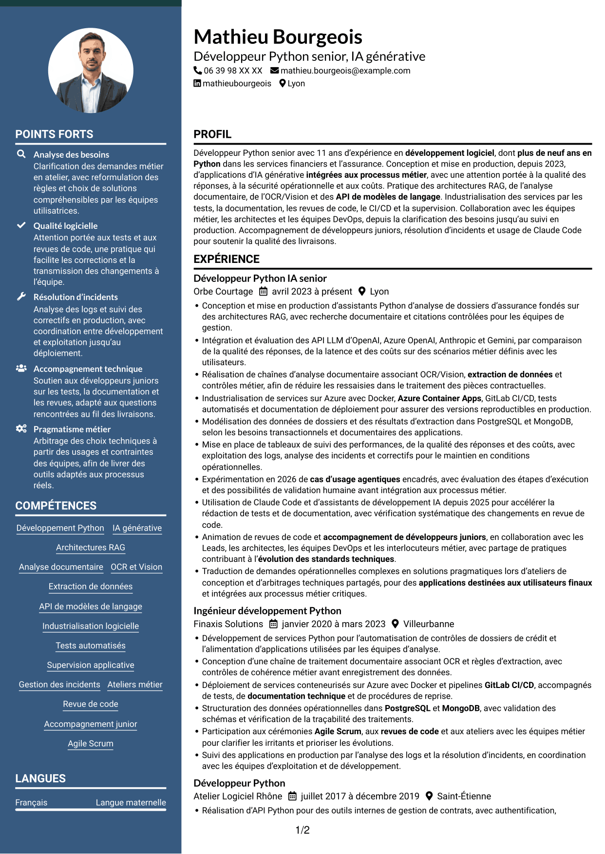 CV Élégant (format à colonne latérale colorée avec photo) : Développeur Python Senior - IA générative, page 1
