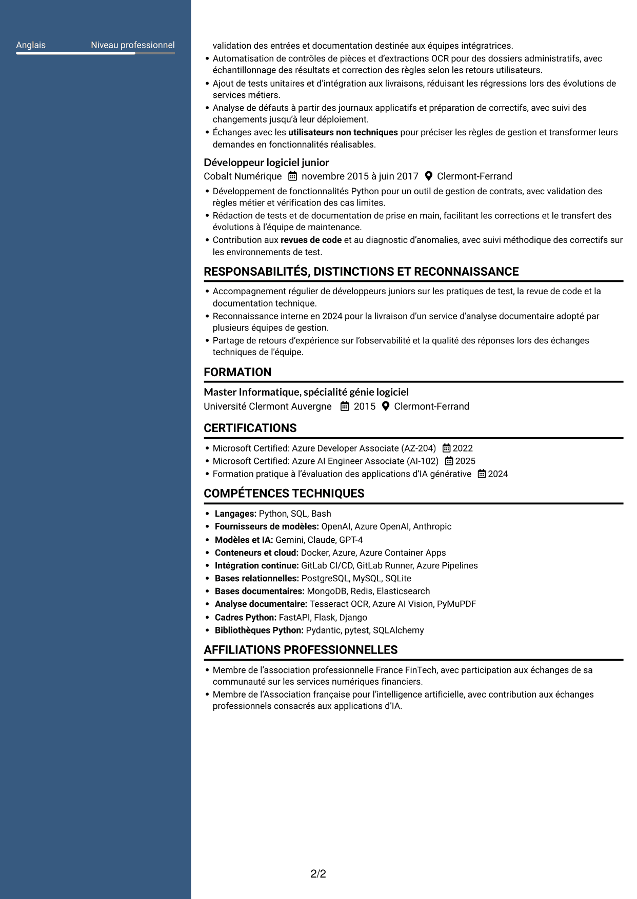 CV Élégant (format à colonne latérale colorée avec photo) : Développeur Python Senior - IA générative, page 2