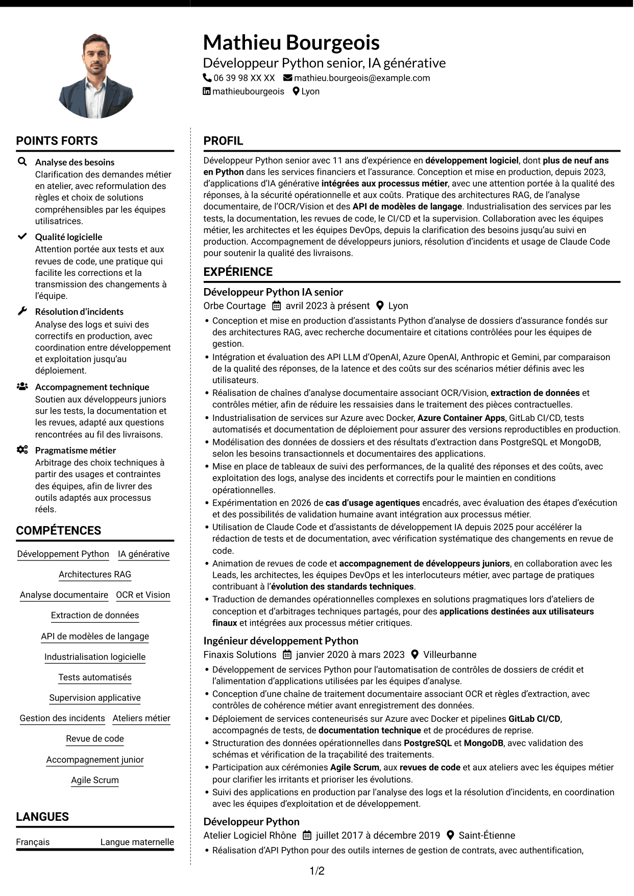 CV Moderne (format à deux colonnes avec photo à gauche et séparateur) : Développeur Python Senior - IA générative, page 1