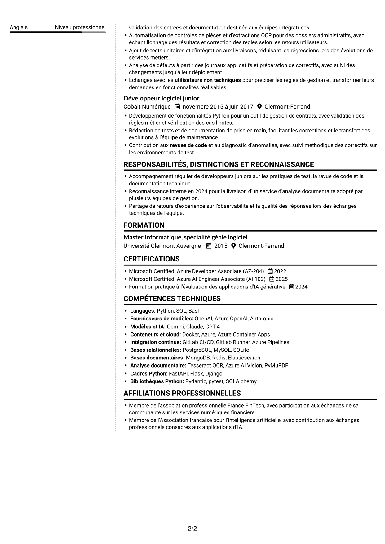 CV Moderne (format à deux colonnes avec photo à gauche et séparateur) : Développeur Python Senior - IA générative, page 2