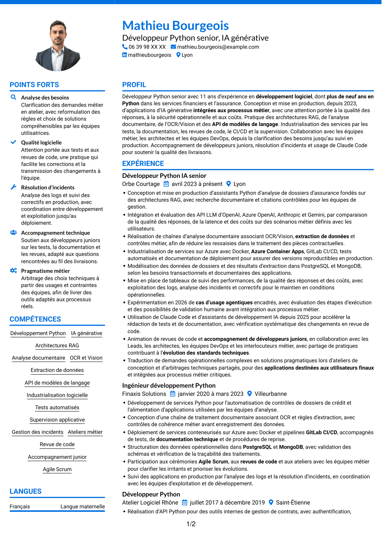 CV Audacieux (format à deux colonnes avec accents colorés et photo) : Développeur Python Senior - IA générative, page 1