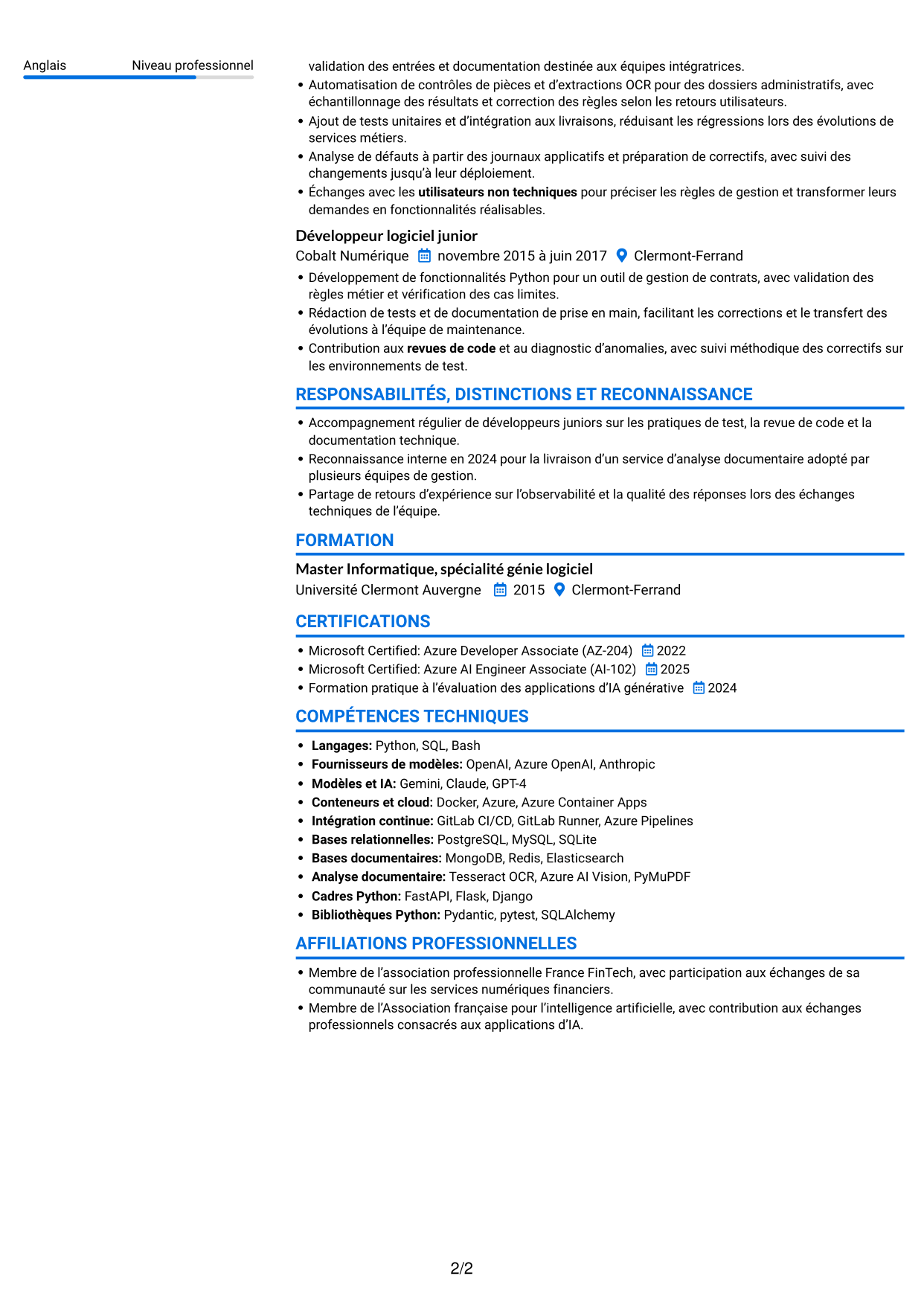 CV Audacieux (format à deux colonnes avec accents colorés et photo) : Développeur Python Senior - IA générative, page 2
