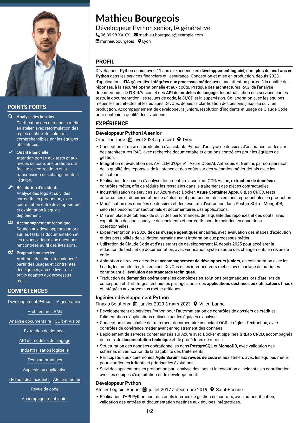 CV Signature (format à colonne latérale colorée avec grande photo) : Développeur Python Senior - IA générative, page 1