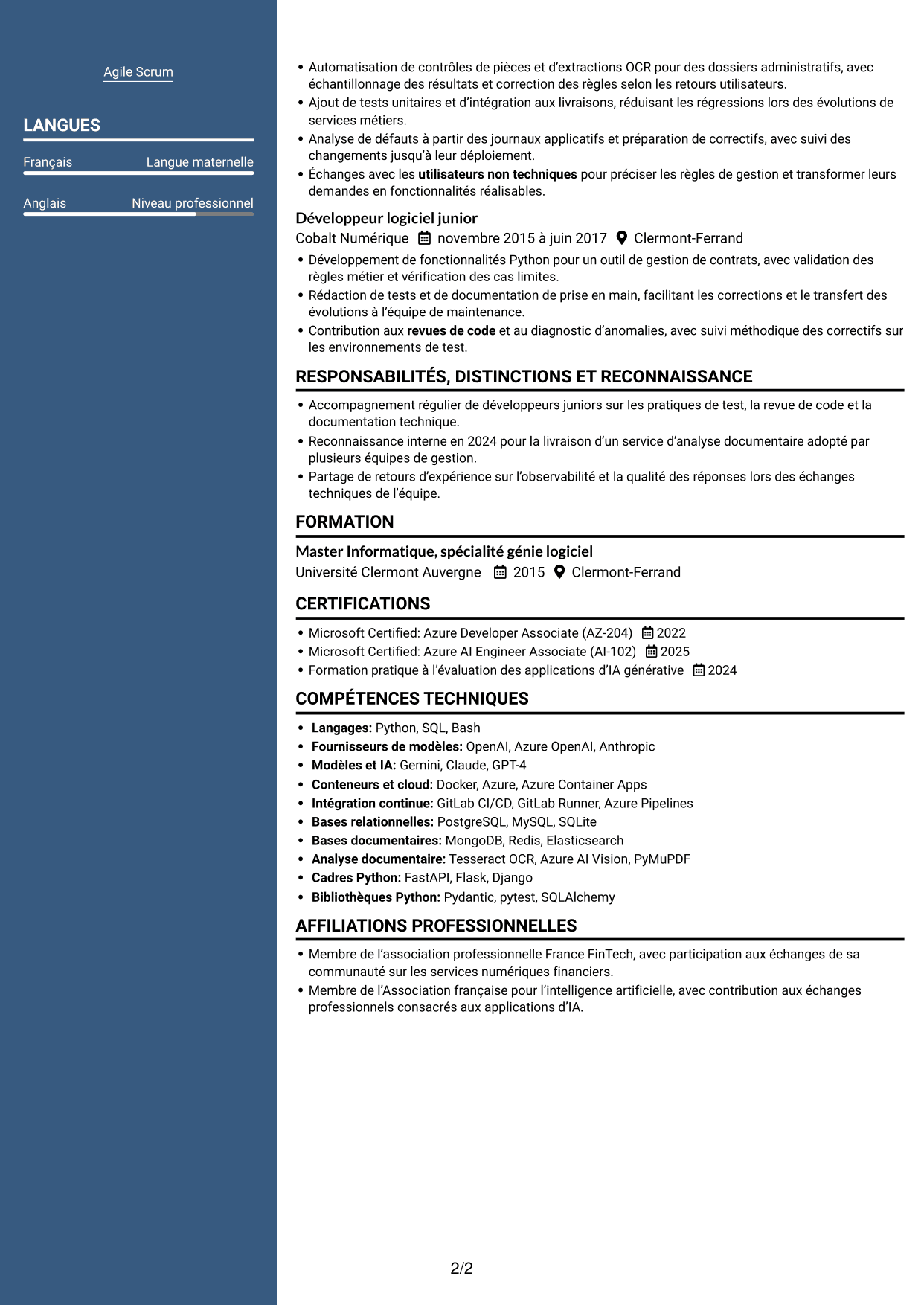 CV Signature (format à colonne latérale colorée avec grande photo) : Développeur Python Senior - IA générative, page 2