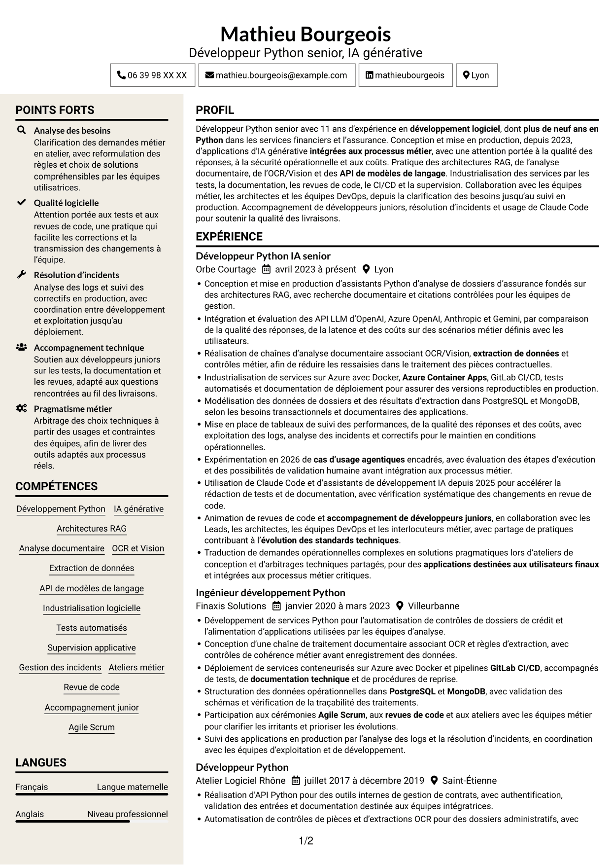 CV Fonceur (format à deux colonnes avec en-tête centré sans photo) : Développeur Python Senior - IA générative, page 1