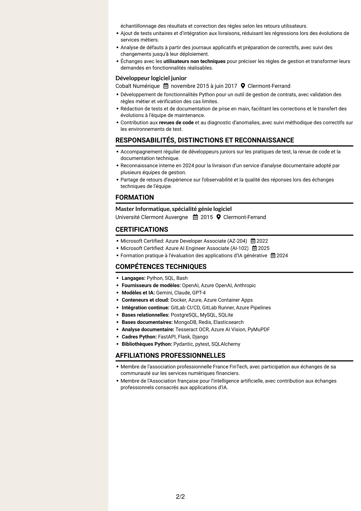 CV Fonceur (format à deux colonnes avec en-tête centré sans photo) : Développeur Python Senior - IA générative, page 2
