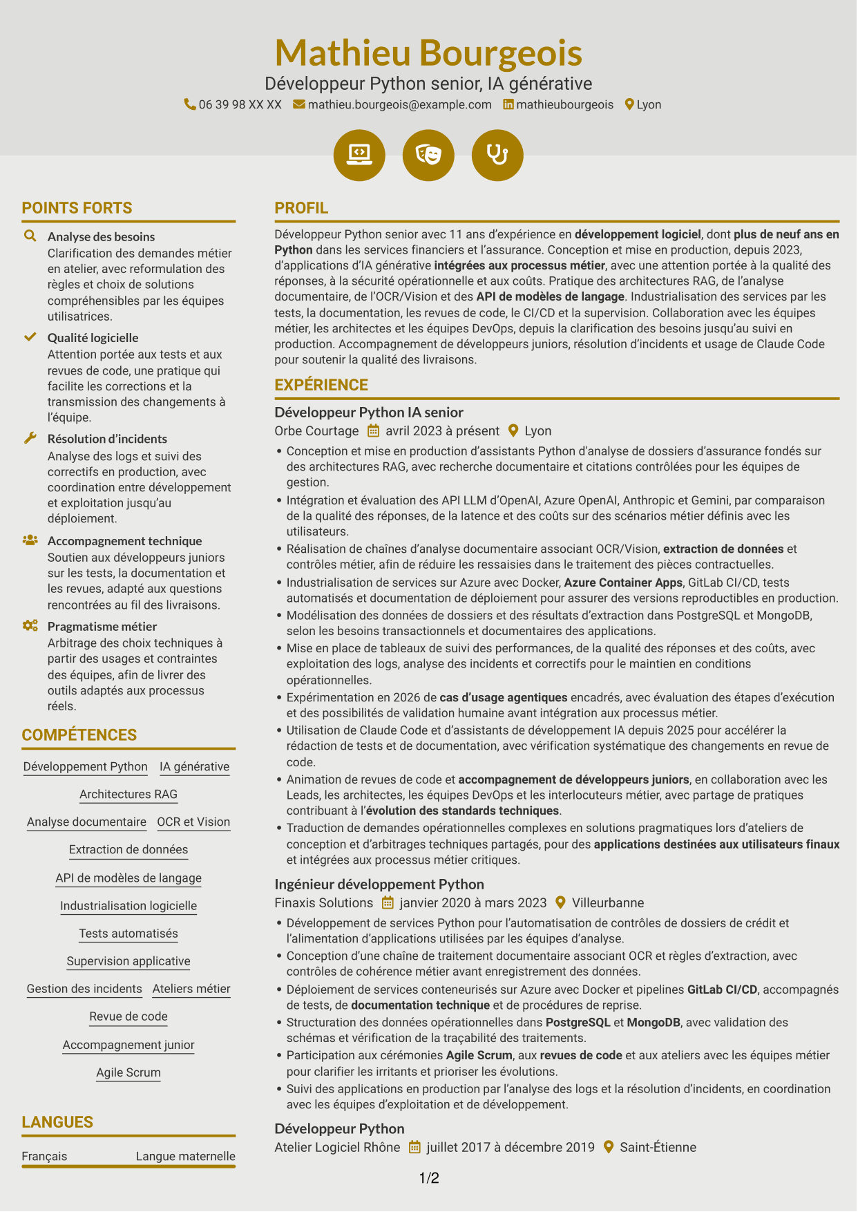 CV Dynamique (format à deux colonnes avec icônes) : Développeur Python Senior - IA générative, page 1