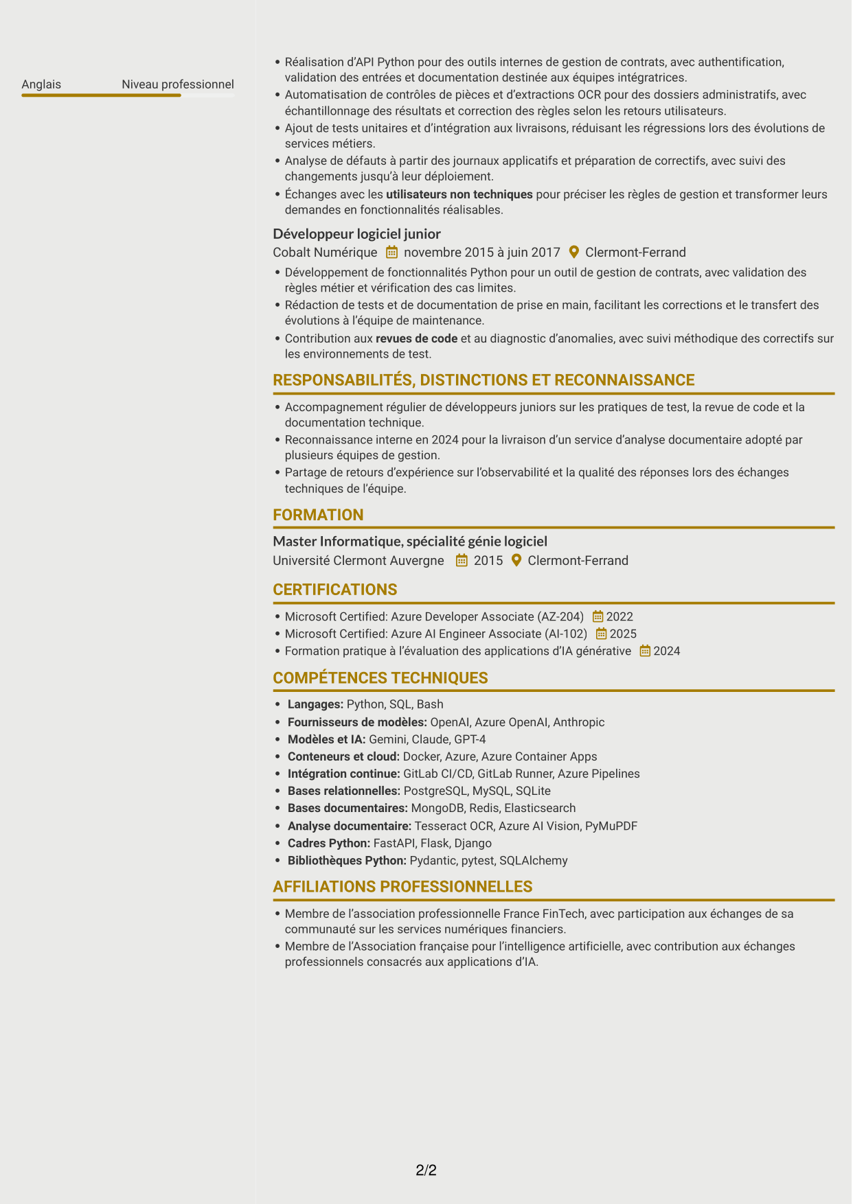 CV Dynamique (format à deux colonnes avec icônes) : Développeur Python Senior - IA générative, page 2