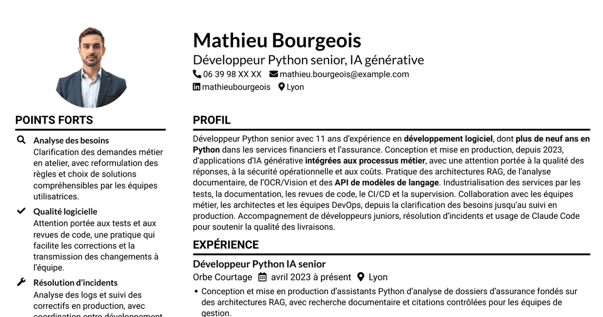 7 modèles de CV pour Développeur Python Senior - IA générative, avec exemples