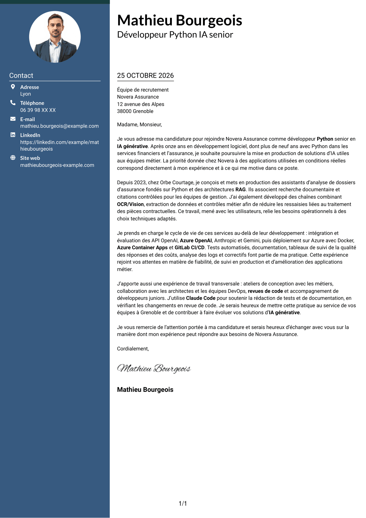 Lettre de motivation Élégant (format à colonne latérale colorée avec photo) : Développeur Python Senior - IA générative, page 1