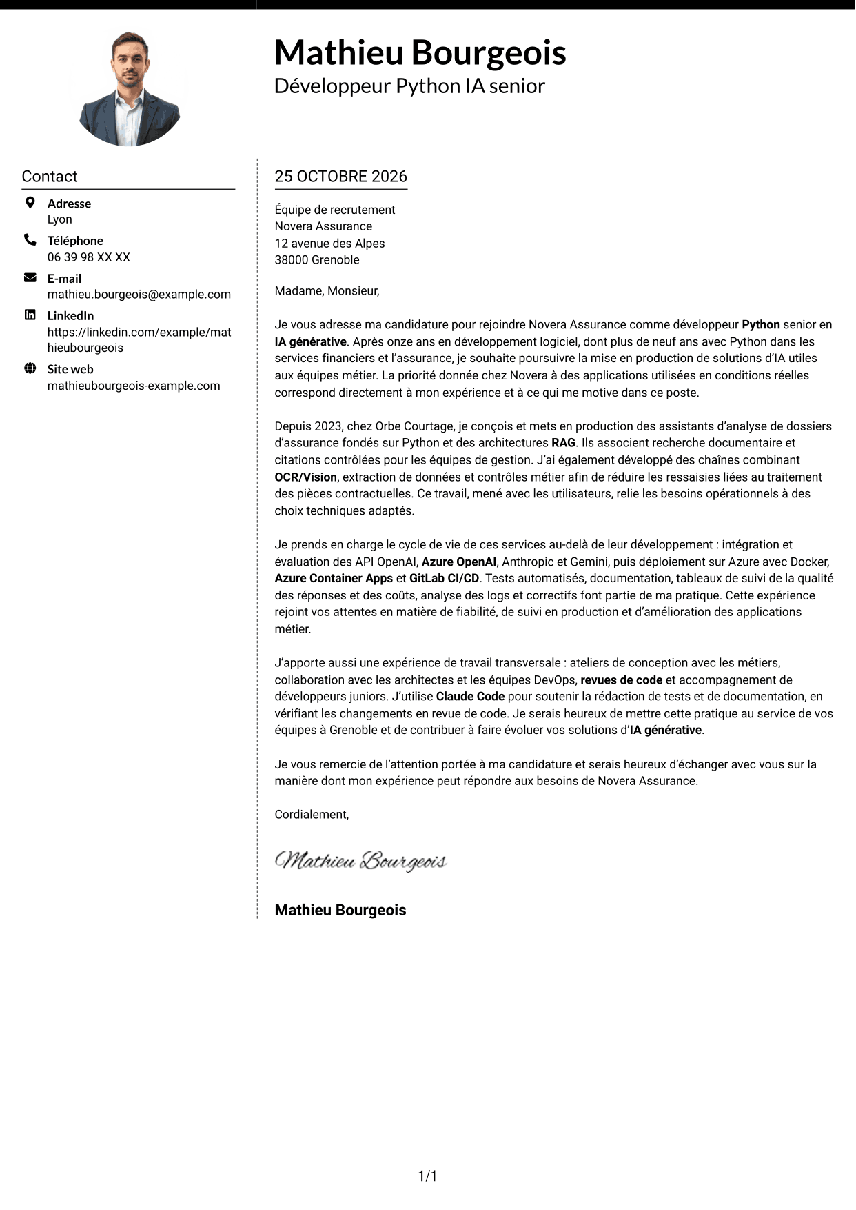 Lettre de motivation Moderne (format à deux colonnes avec photo à gauche et séparateur) : Développeur Python Senior - IA générative, page 1