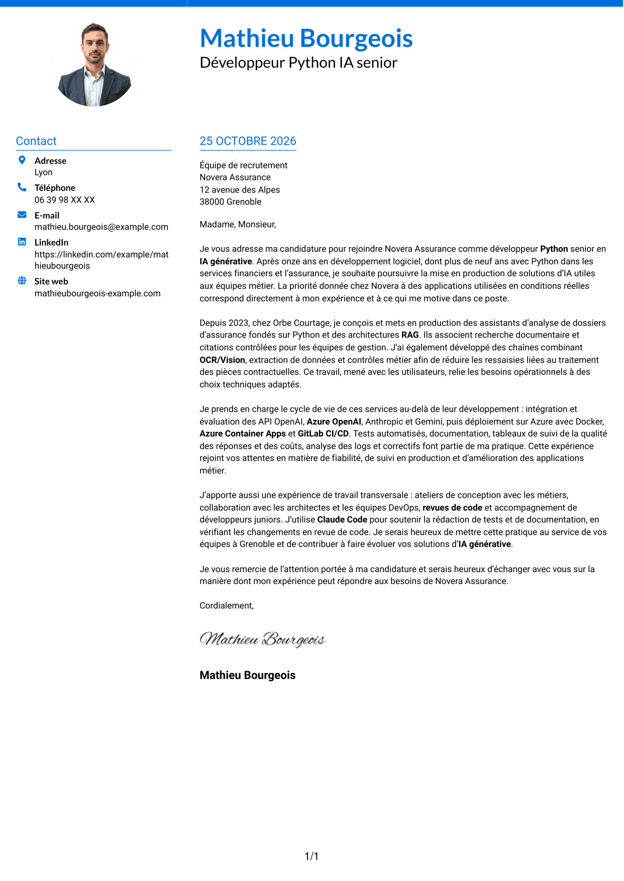 Lettre de motivation Audacieux (format à deux colonnes avec accents colorés et photo) : Développeur Python Senior - IA générative, page 1