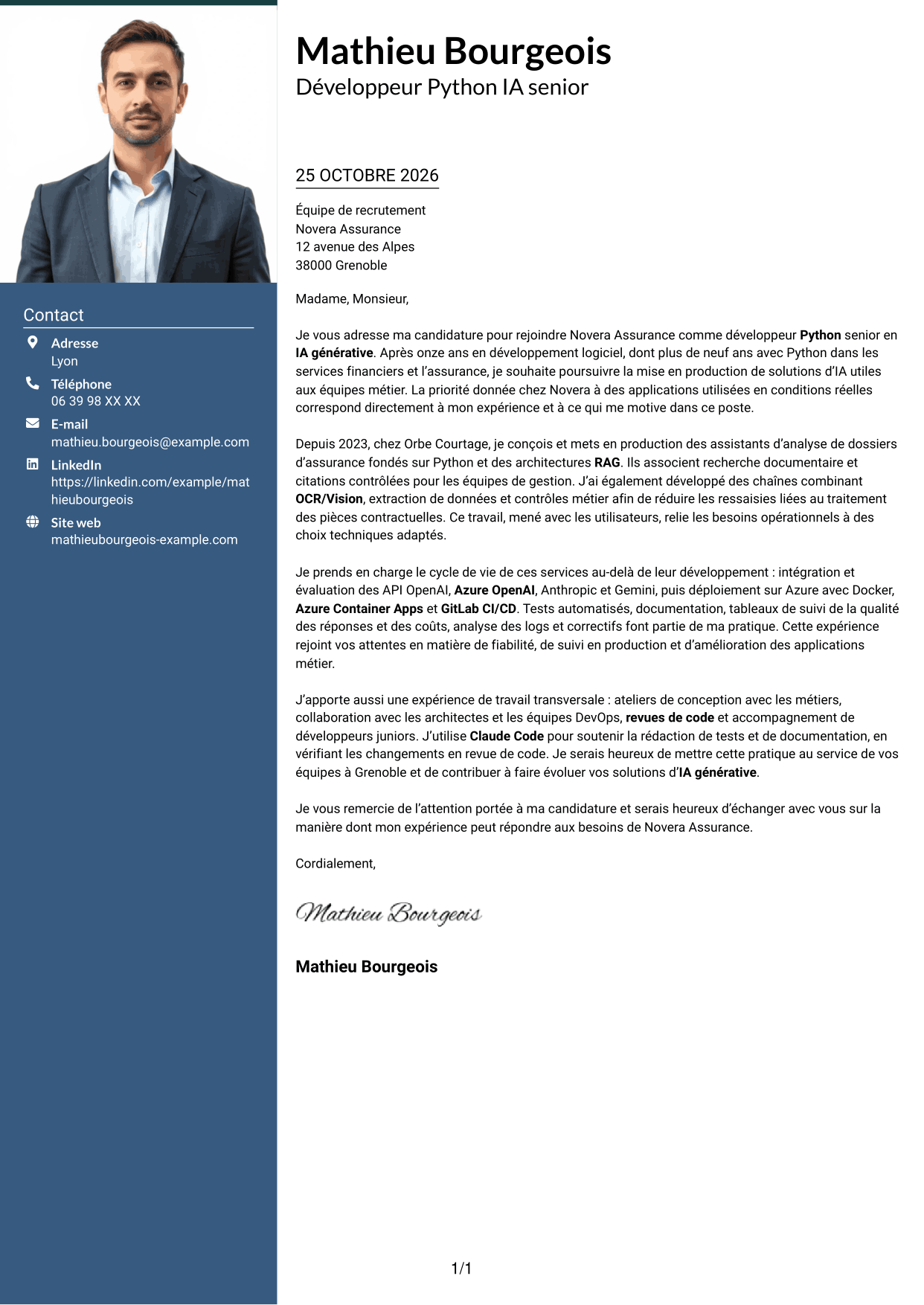 Lettre de motivation Signature (format à colonne latérale colorée avec grande photo) : Développeur Python Senior - IA générative, page 1
