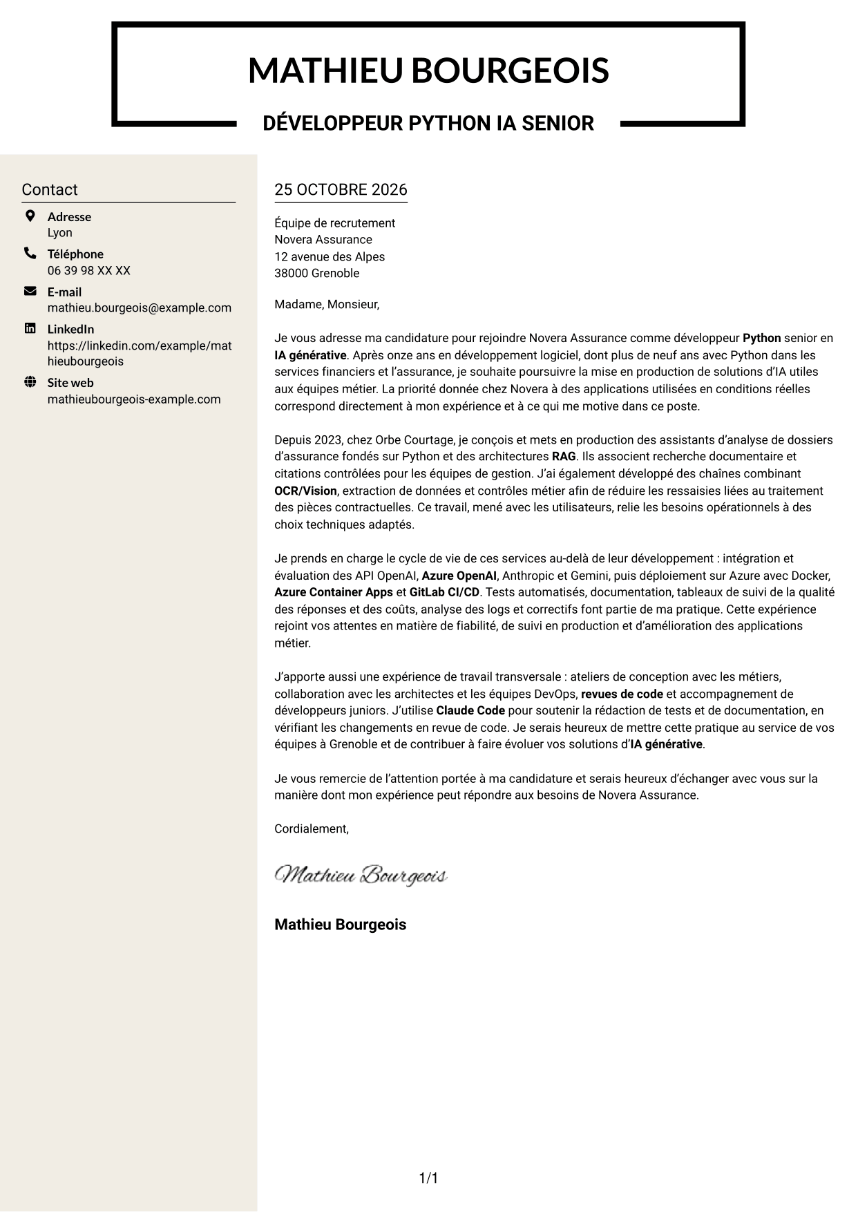 Lettre de motivation Fonceur (format à deux colonnes avec en-tête centré sans photo) : Développeur Python Senior - IA générative, page 1