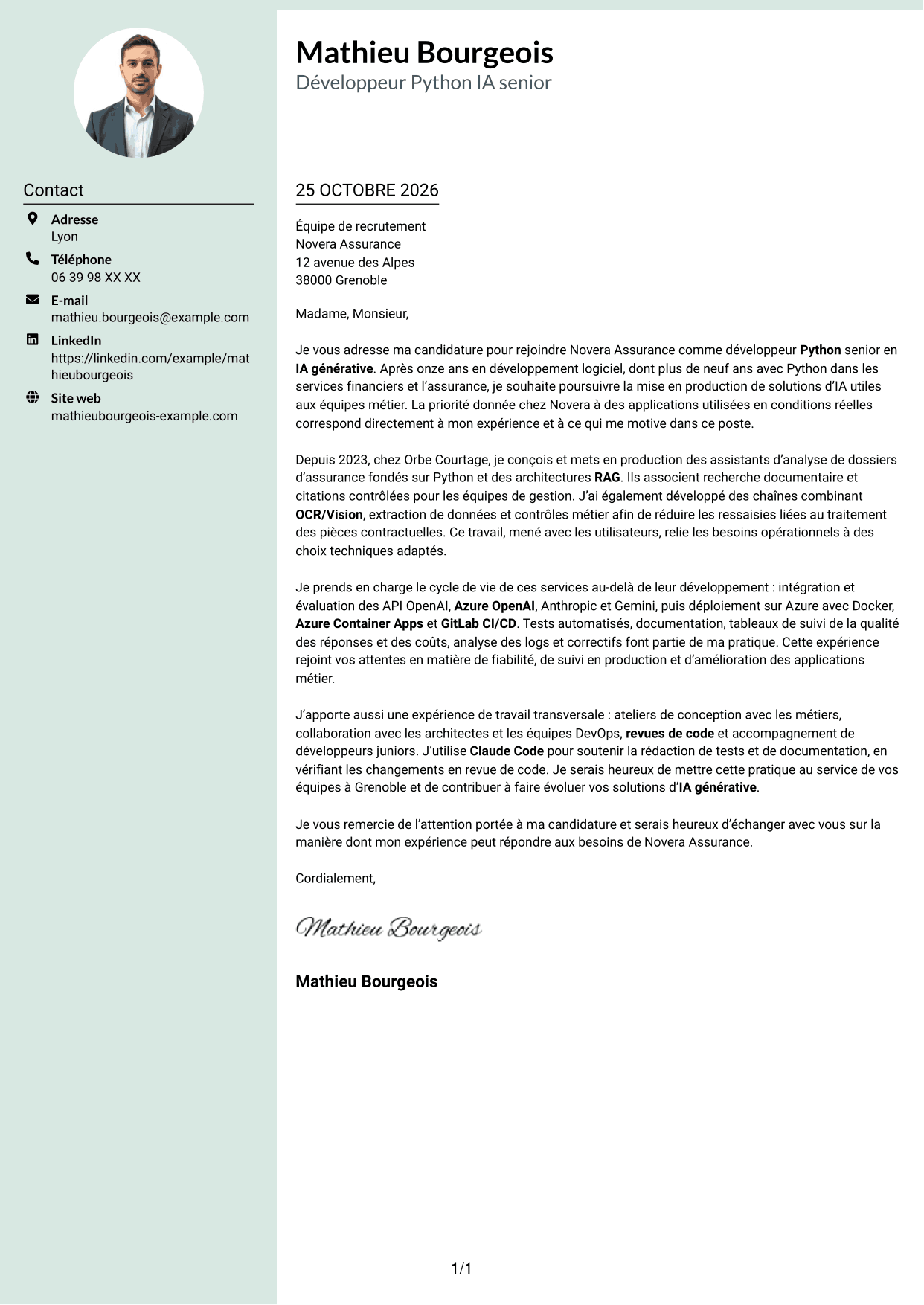 Lettre de motivation Cadre (format à colonne latérale douce avec photo arrondie) : Développeur Python Senior - IA générative, page 1