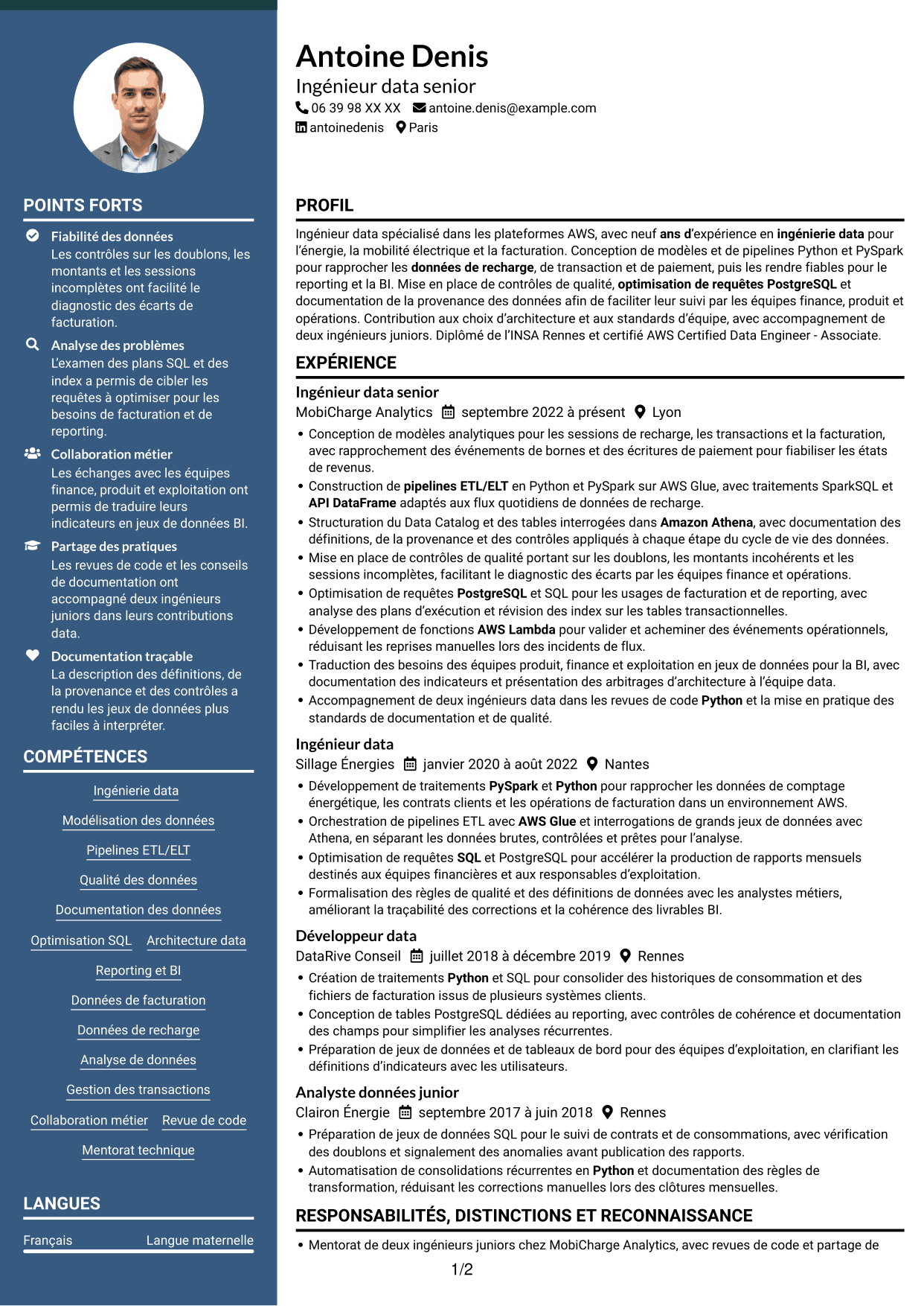 CV Élégant (format à colonne latérale colorée avec photo) : Data Engineer - AWS et Python, page 1