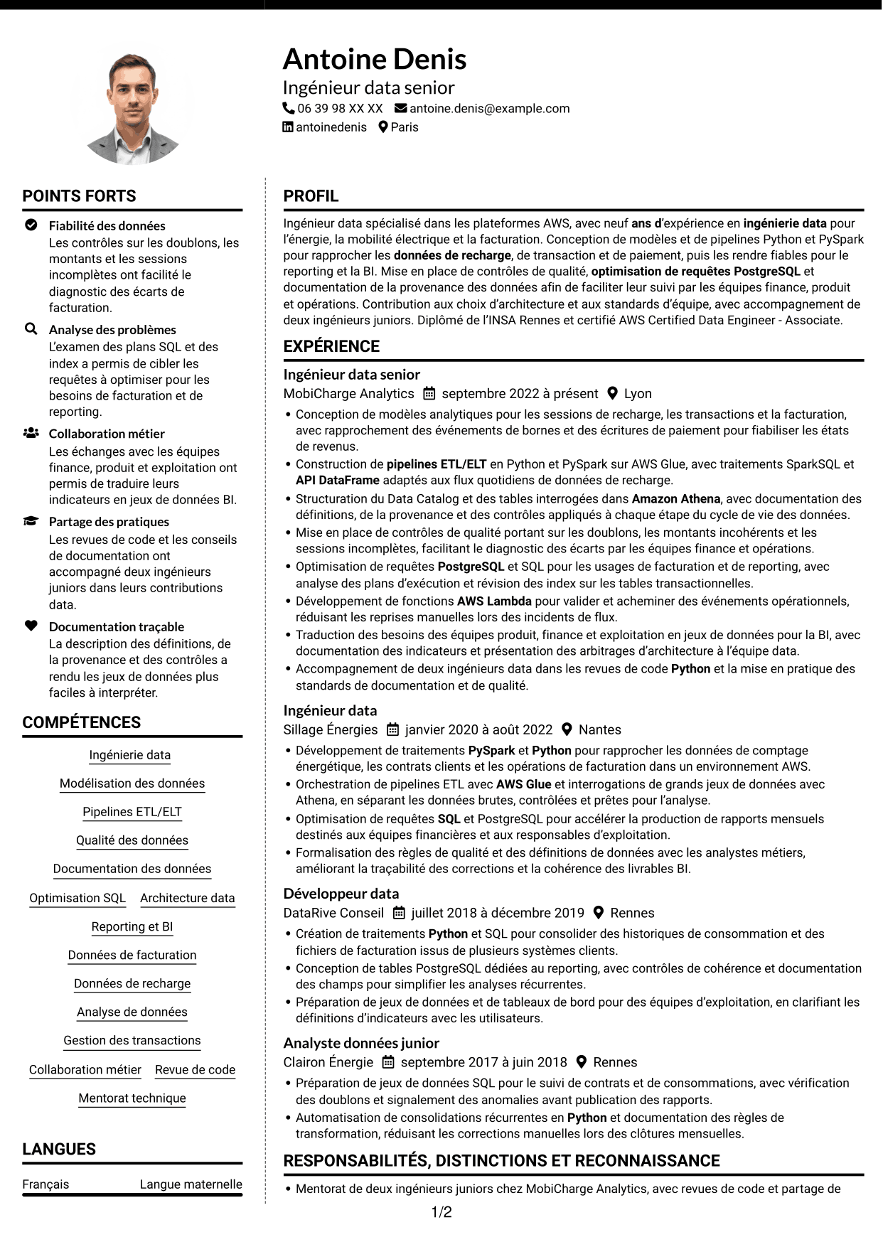 CV Moderne (format à deux colonnes avec photo à gauche et séparateur) : Data Engineer - AWS et Python, page 1