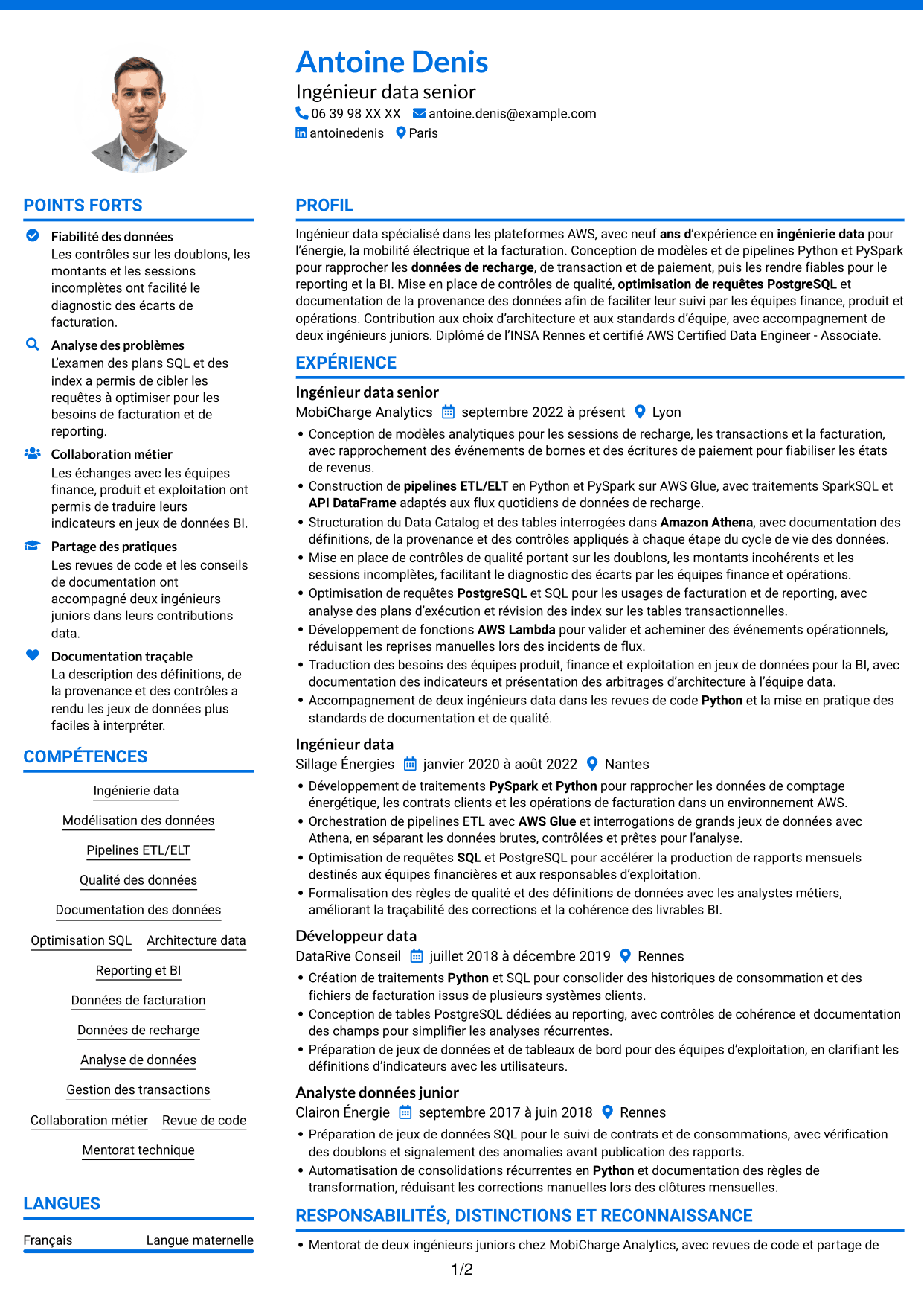 CV Audacieux (format à deux colonnes avec accents colorés et photo) : Data Engineer - AWS et Python, page 1