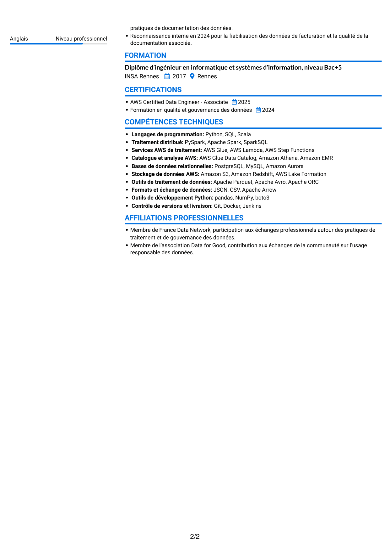 CV Audacieux (format à deux colonnes avec accents colorés et photo) : Data Engineer - AWS et Python, page 2