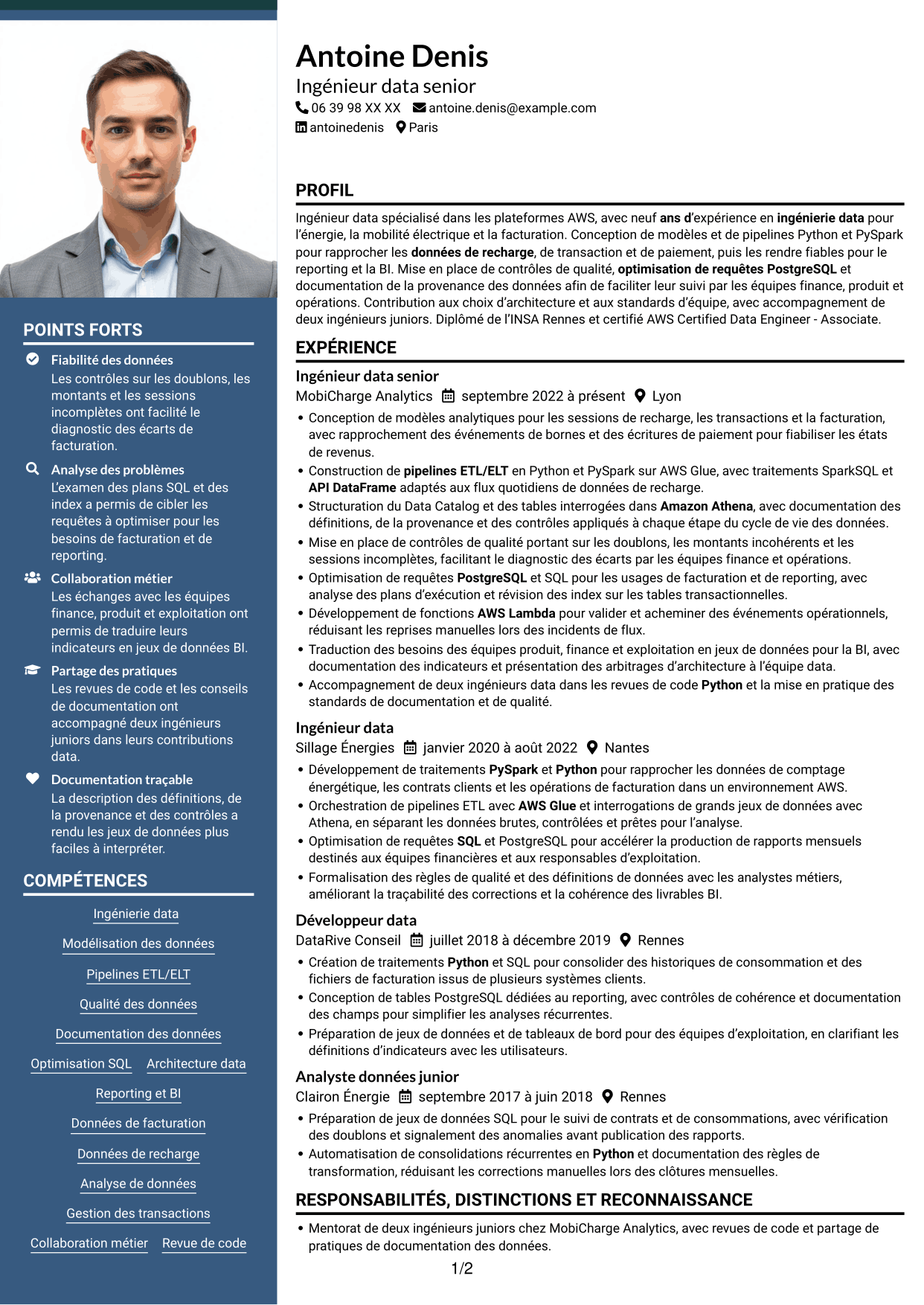 CV Signature (format à colonne latérale colorée avec grande photo) : Data Engineer - AWS et Python, page 1