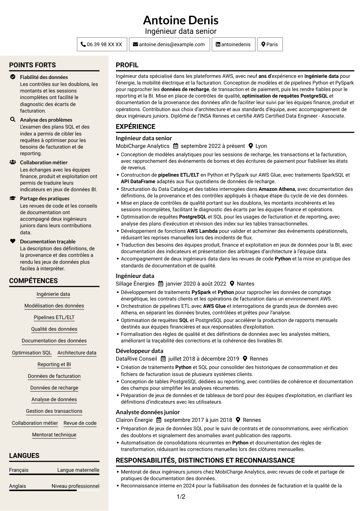 CV Fonceur (format à deux colonnes avec en-tête centré sans photo) : Data Engineer - AWS et Python, page 1