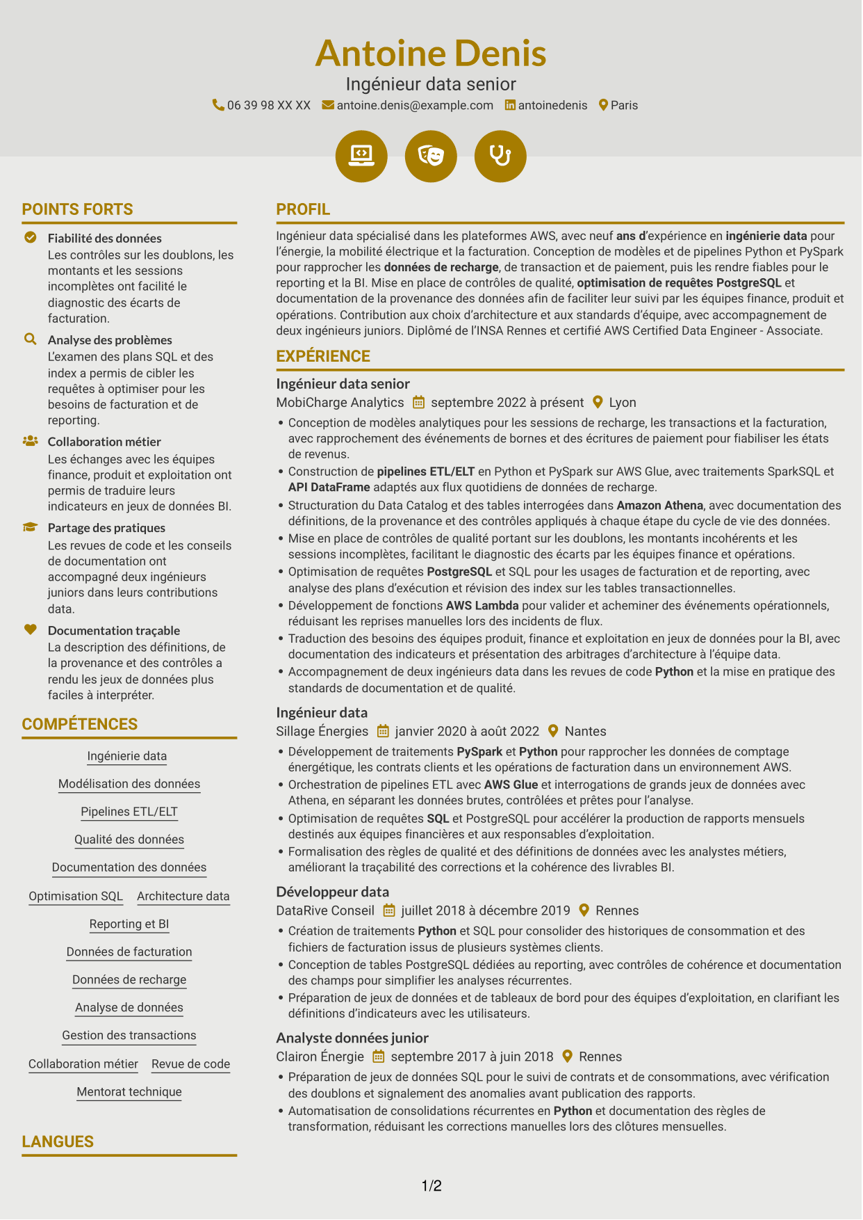 CV Dynamique (format à deux colonnes avec icônes) : Data Engineer - AWS et Python, page 1
